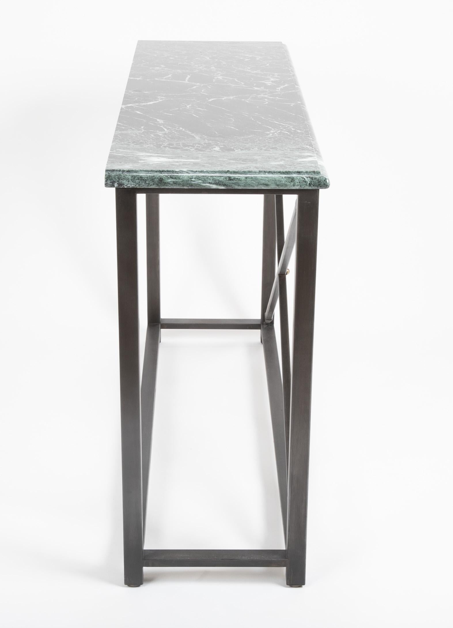 Pair of Neoclassical Style Steel Console Tables with Green Marble Tops For Sale 10