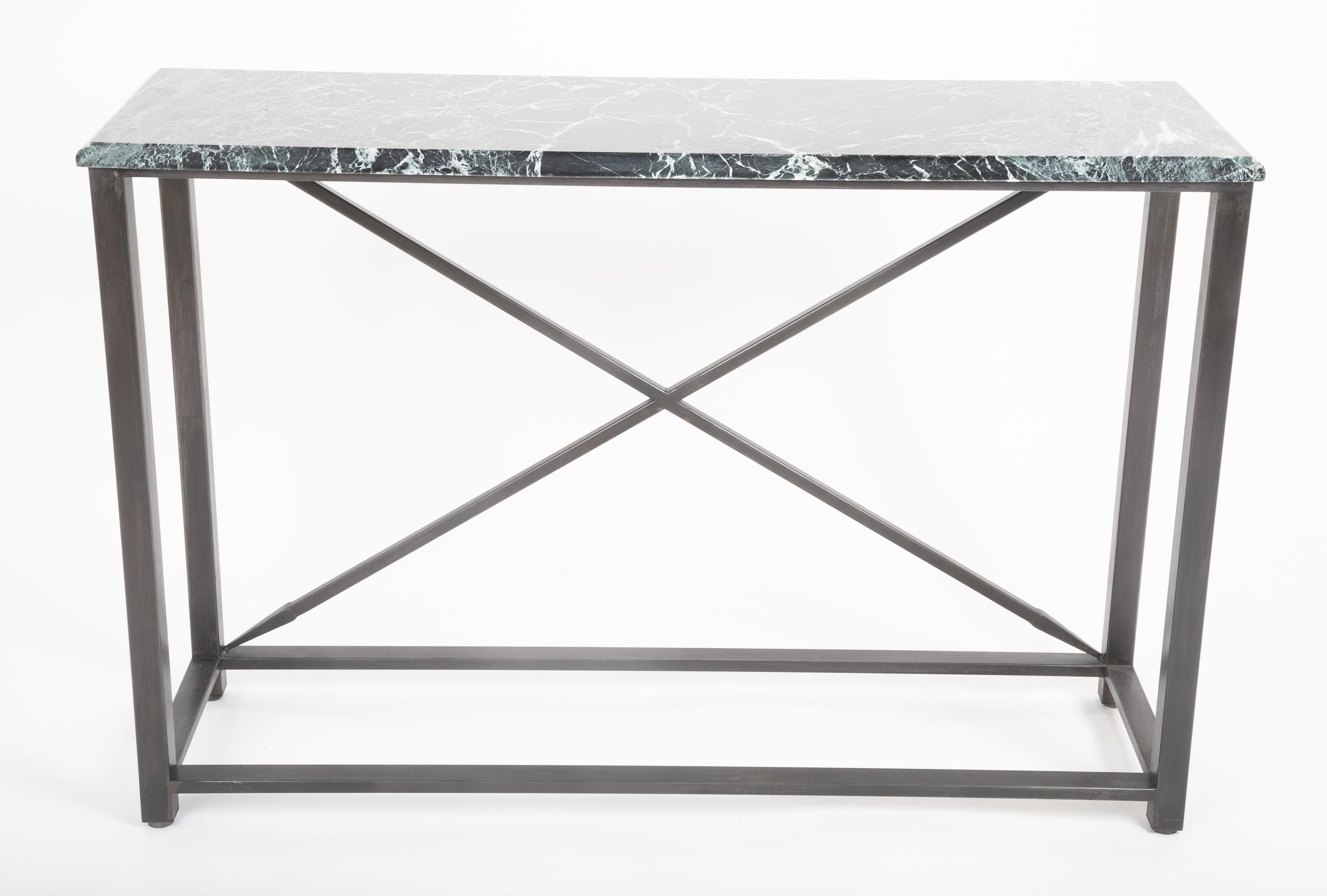 Pair of Neoclassical Style Steel Console Tables with Green Marble Tops For Sale 13