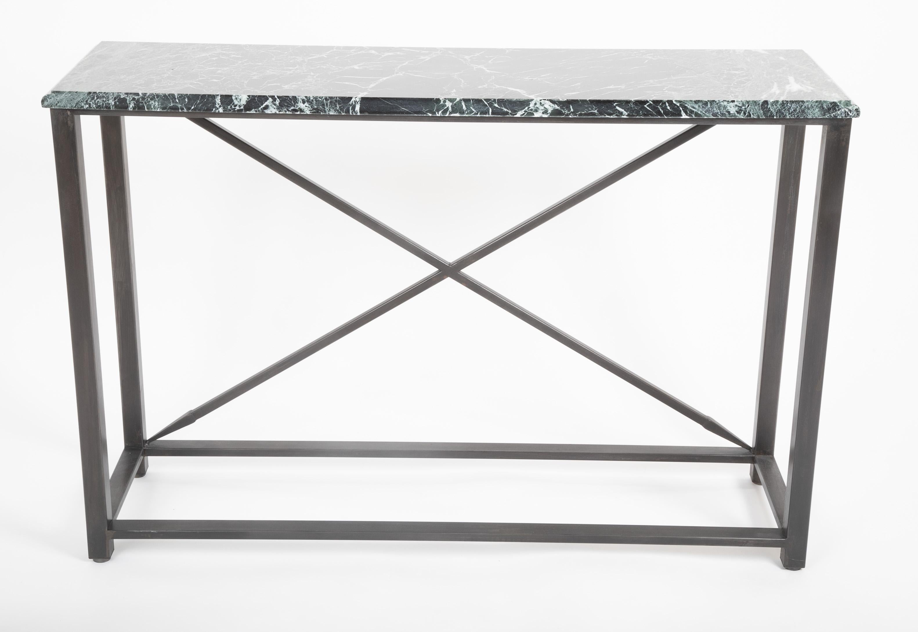 Pair of Neoclassical Style Steel Console Tables with Green Marble Tops For Sale 14