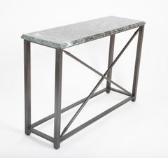 Pair of Neoclassical Style Steel Console Tables with Green Marble Tops