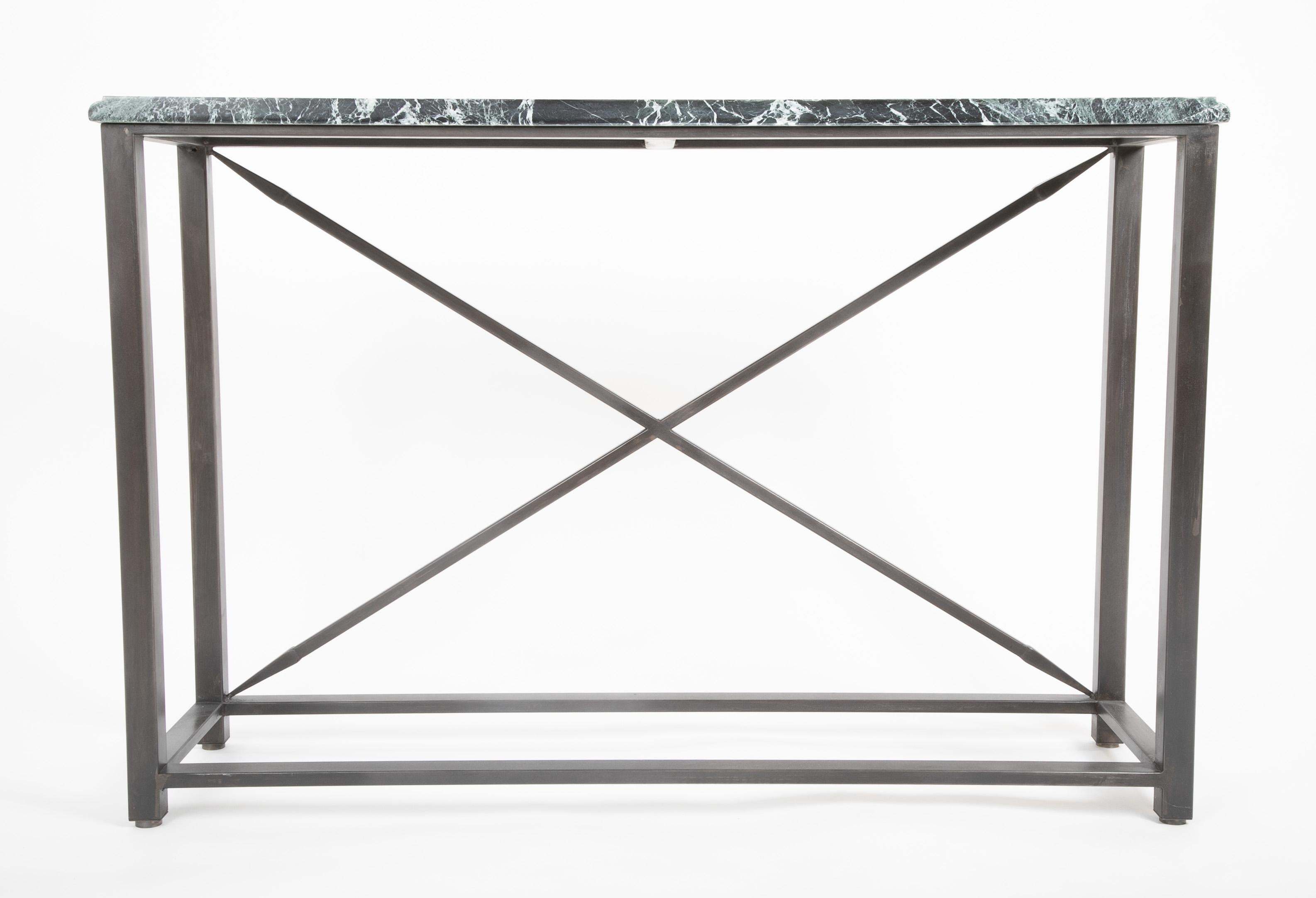Pair of Neoclassical Style Steel Console Tables with Green Marble Tops For Sale 15