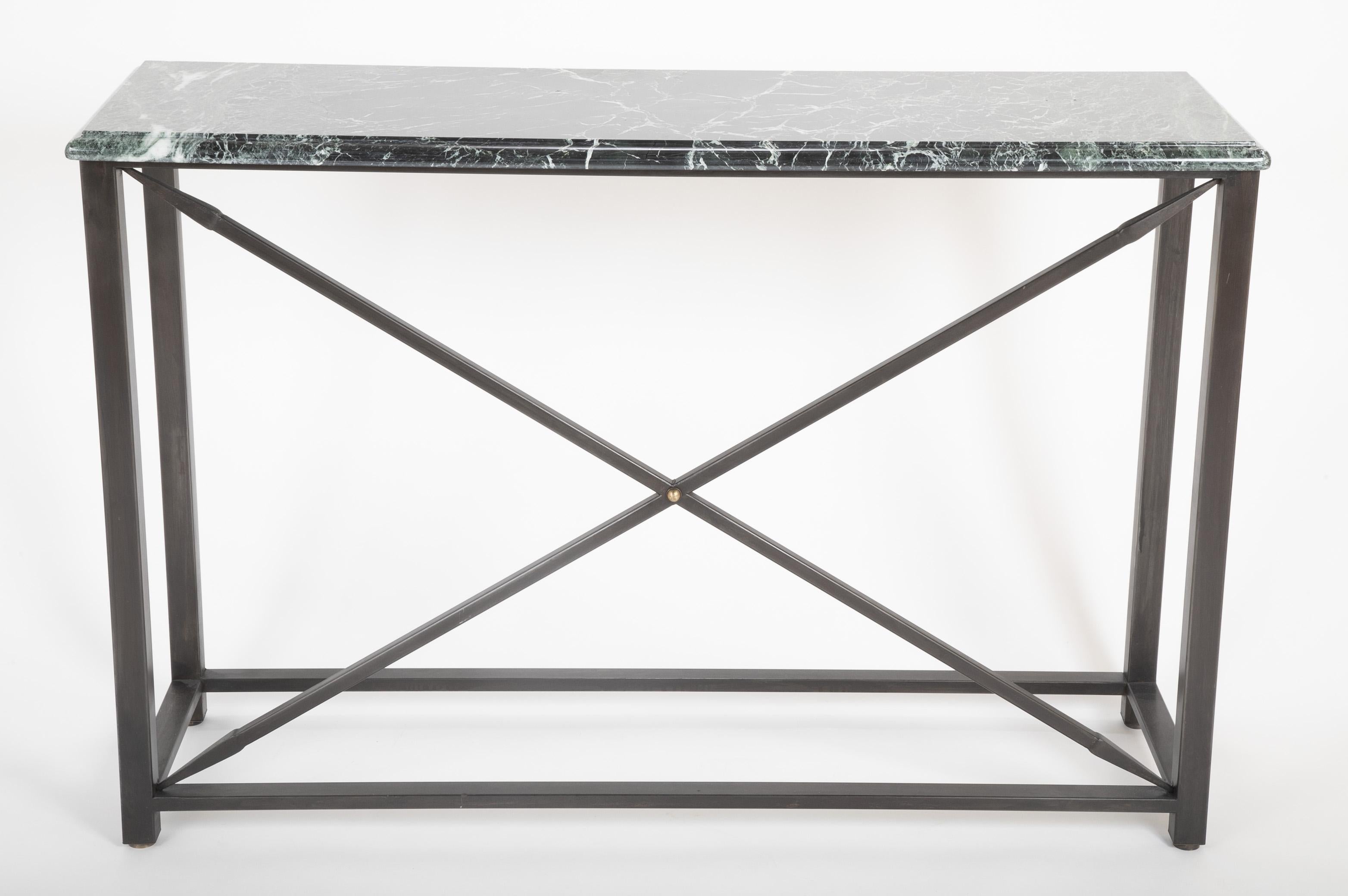 American Pair of Neoclassical Style Steel Console Tables with Green Marble Tops For Sale