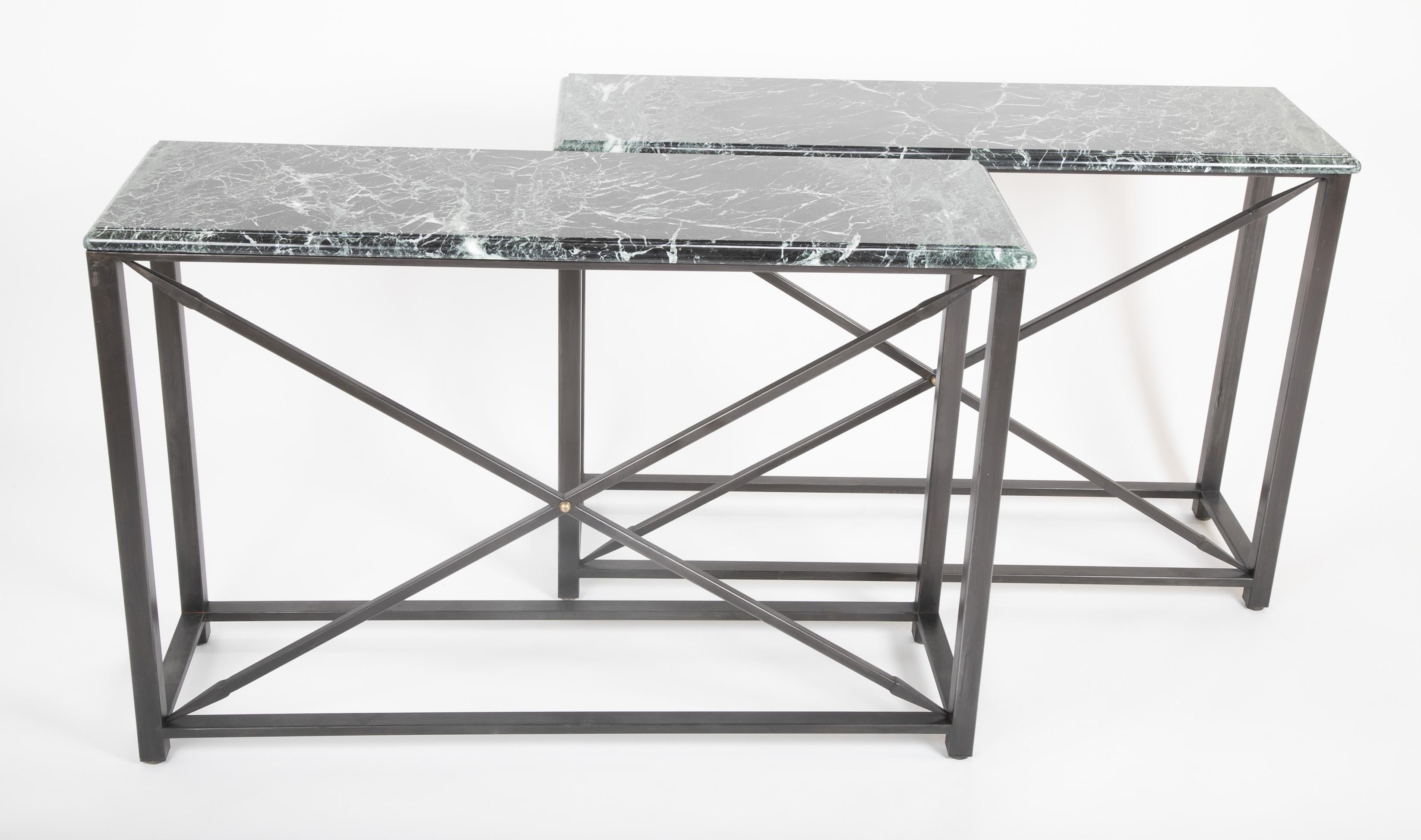 Pair of Neoclassical Style Steel Console Tables with Green Marble Tops In Good Condition For Sale In Stamford, CT