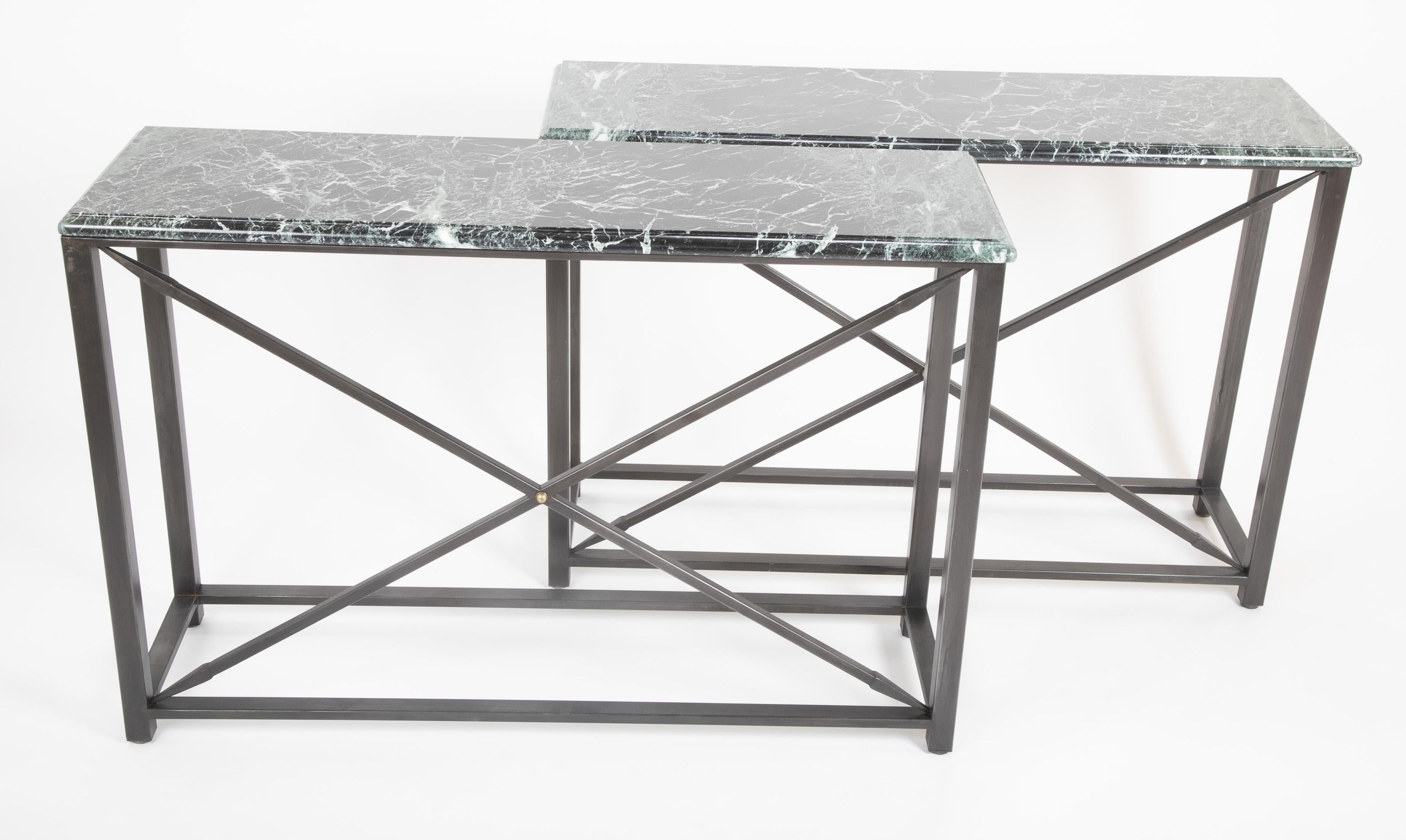 20th Century Pair of Neoclassical Style Steel Console Tables with Green Marble Tops For Sale