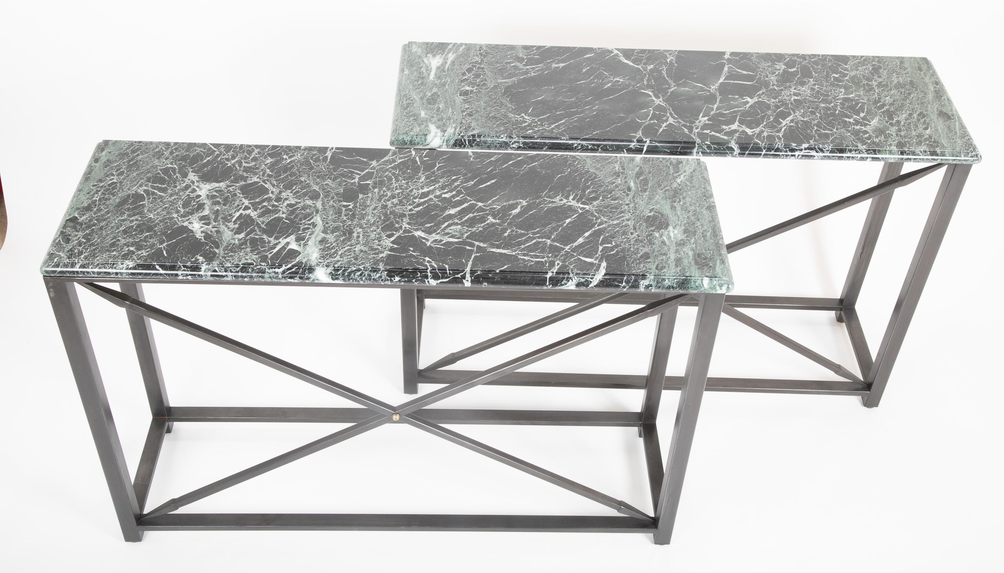 Pair of Neoclassical Style Steel Console Tables with Green Marble Tops For Sale 1