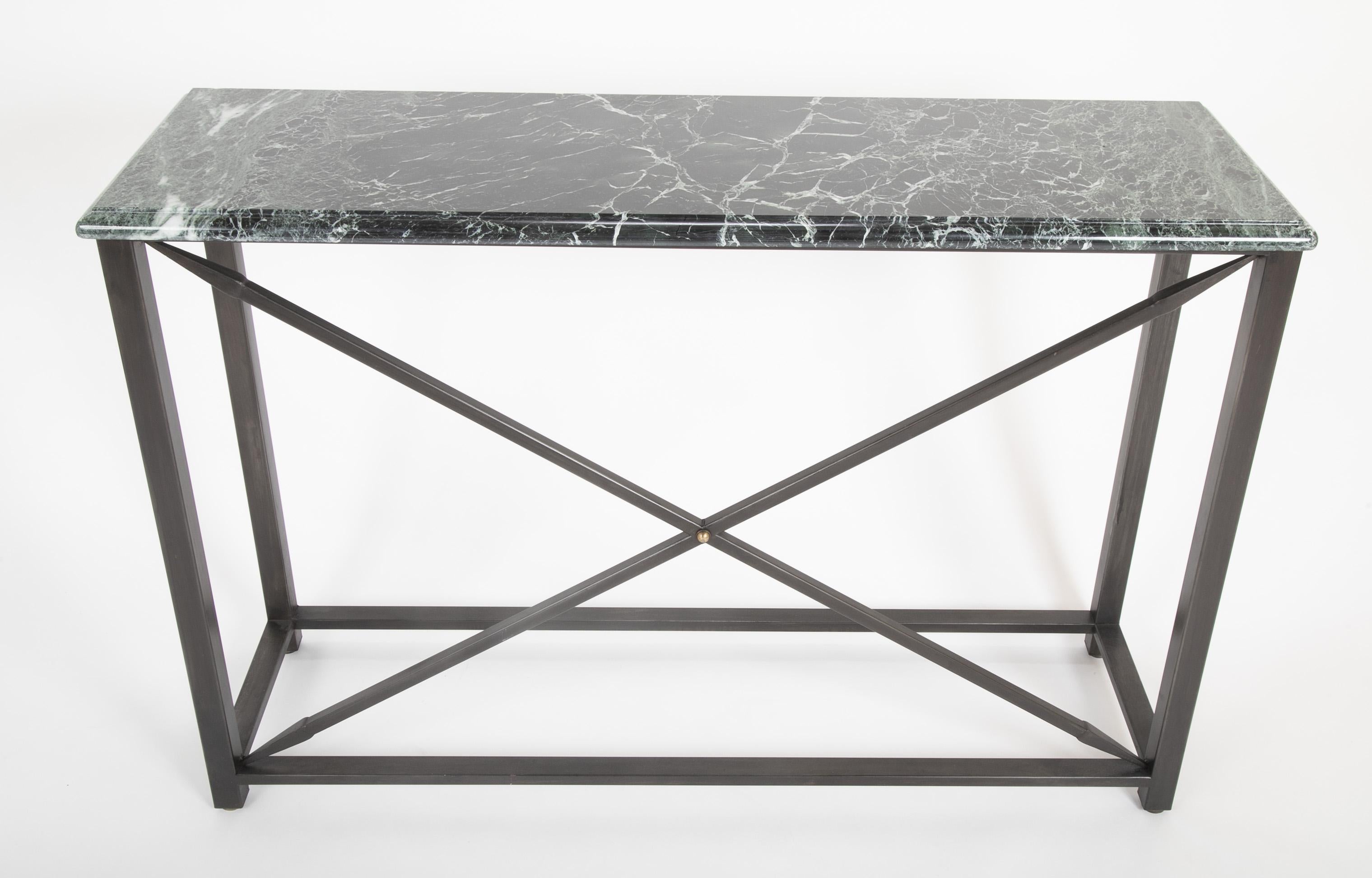Pair of Neoclassical Style Steel Console Tables with Green Marble Tops For Sale 2