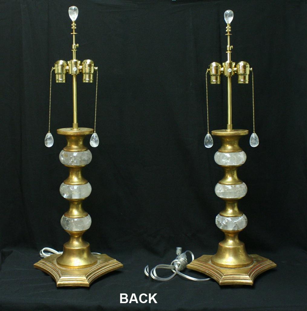 American Pair Modern Style Rock Crystal and Giltwood Table Lamps For Sale