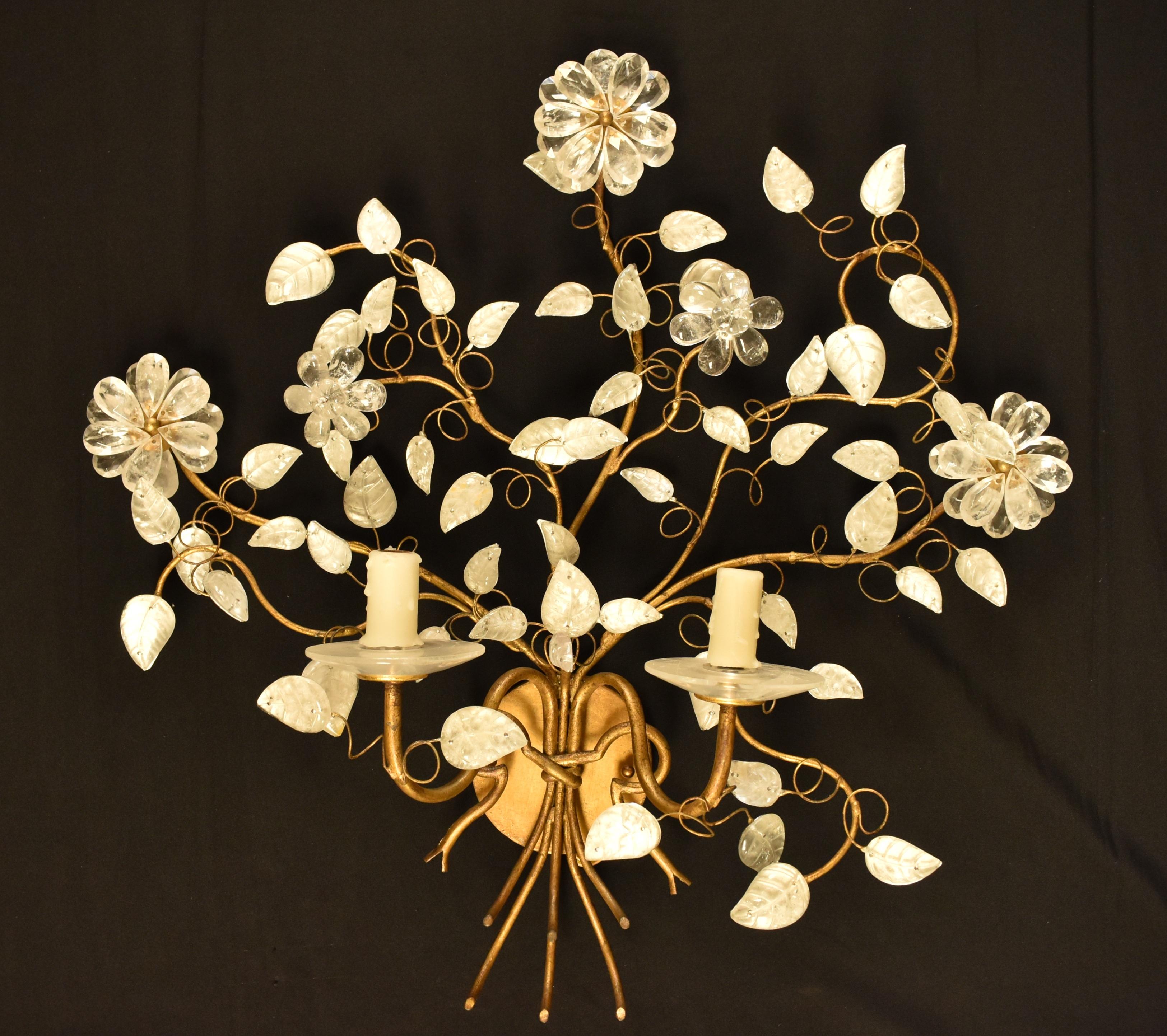 Hand-Carved Pair of Modern Style Rock Crystal Floral Sconces For Sale