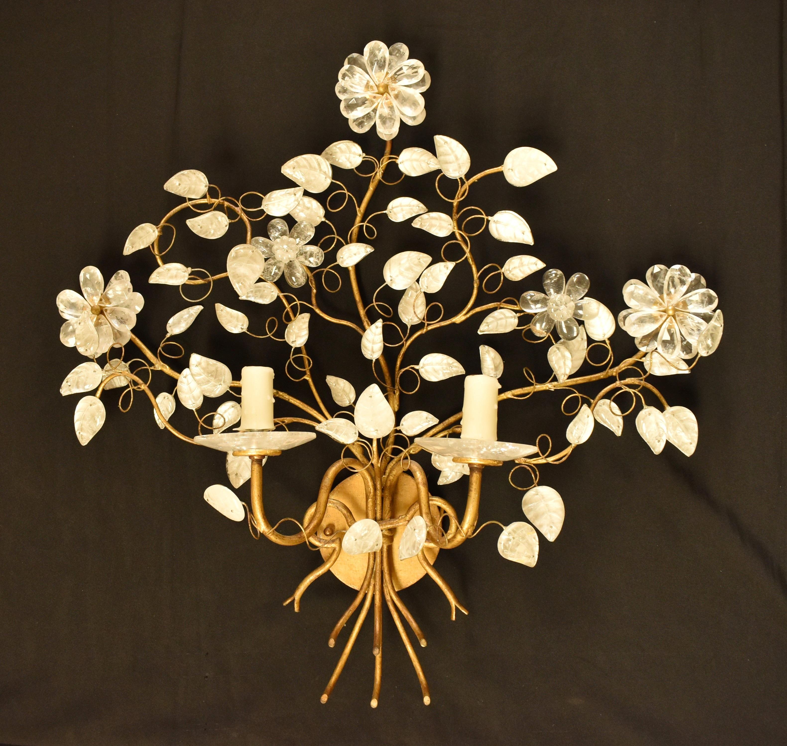 Pair of Modern Style Rock Crystal Floral Sconces In New Condition For Sale In Cypress, CA