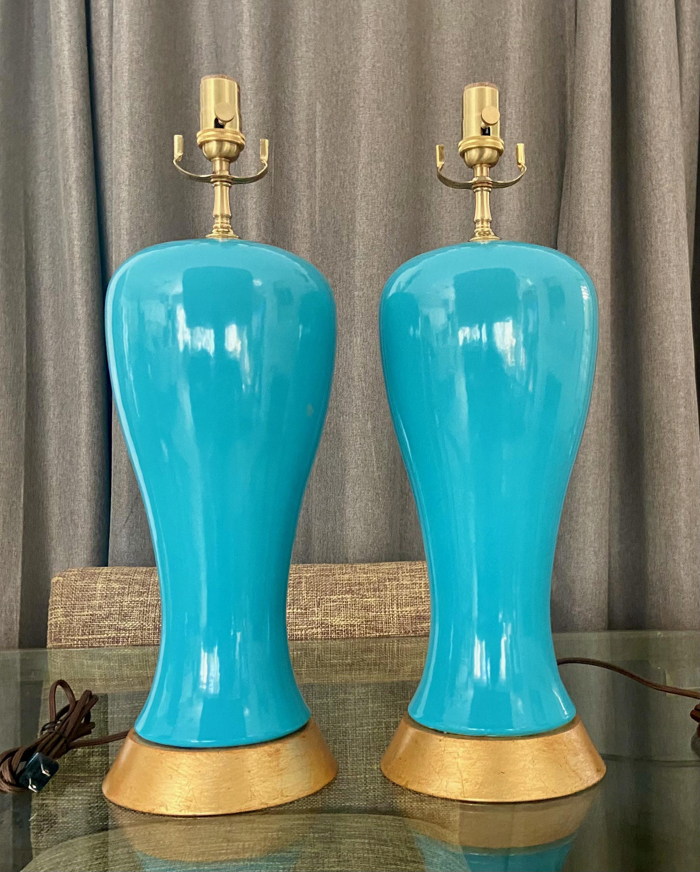 Pair Modern Turquoise Blue Ceramic Table Lamps For Sale 5