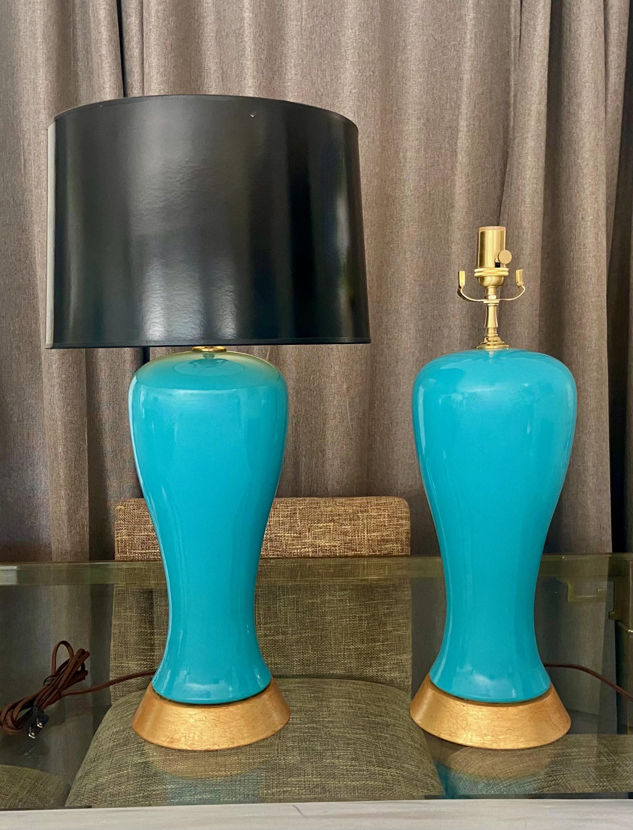 Pair Modern Turquoise Blue Ceramic Table Lamps For Sale 6