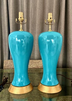 Pair Modern Turquoise Blue Ceramic Table Lamps