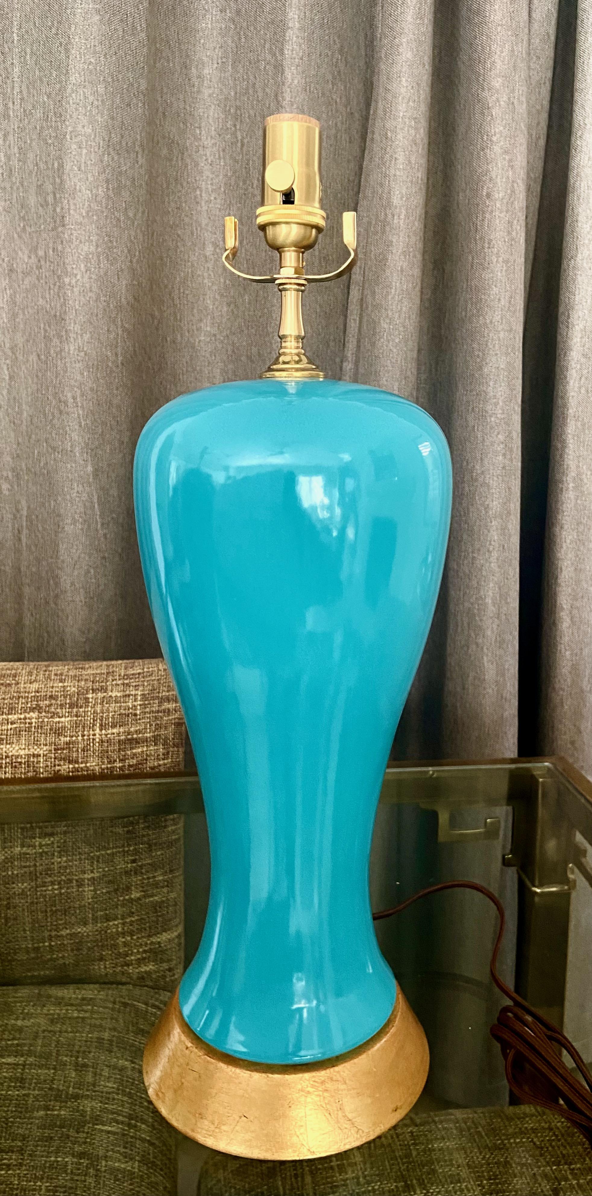 Brass Pair Modern Turquoise Blue Ceramic Table Lamps For Sale