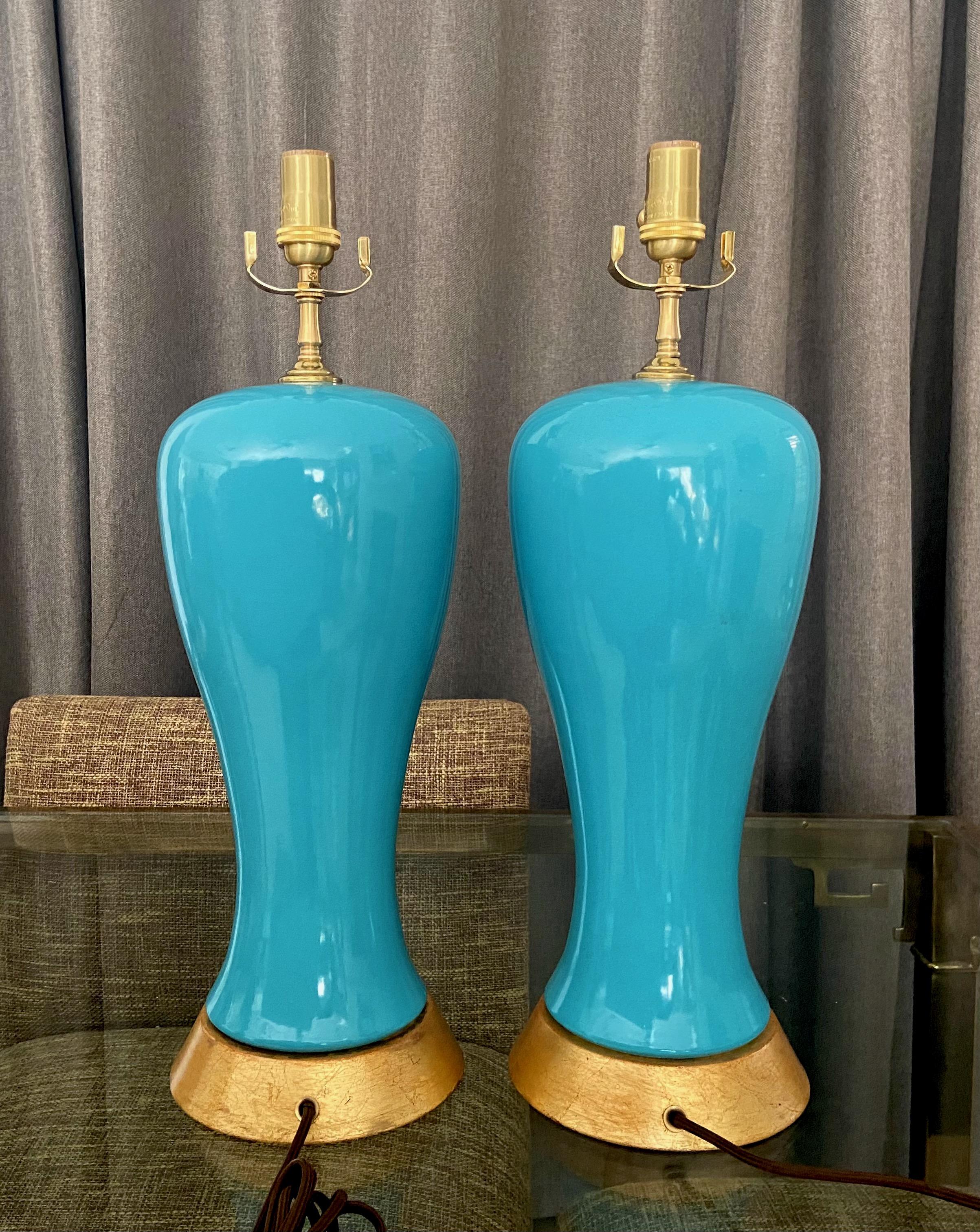Pair Modern Turquoise Blue Ceramic Table Lamps For Sale 1
