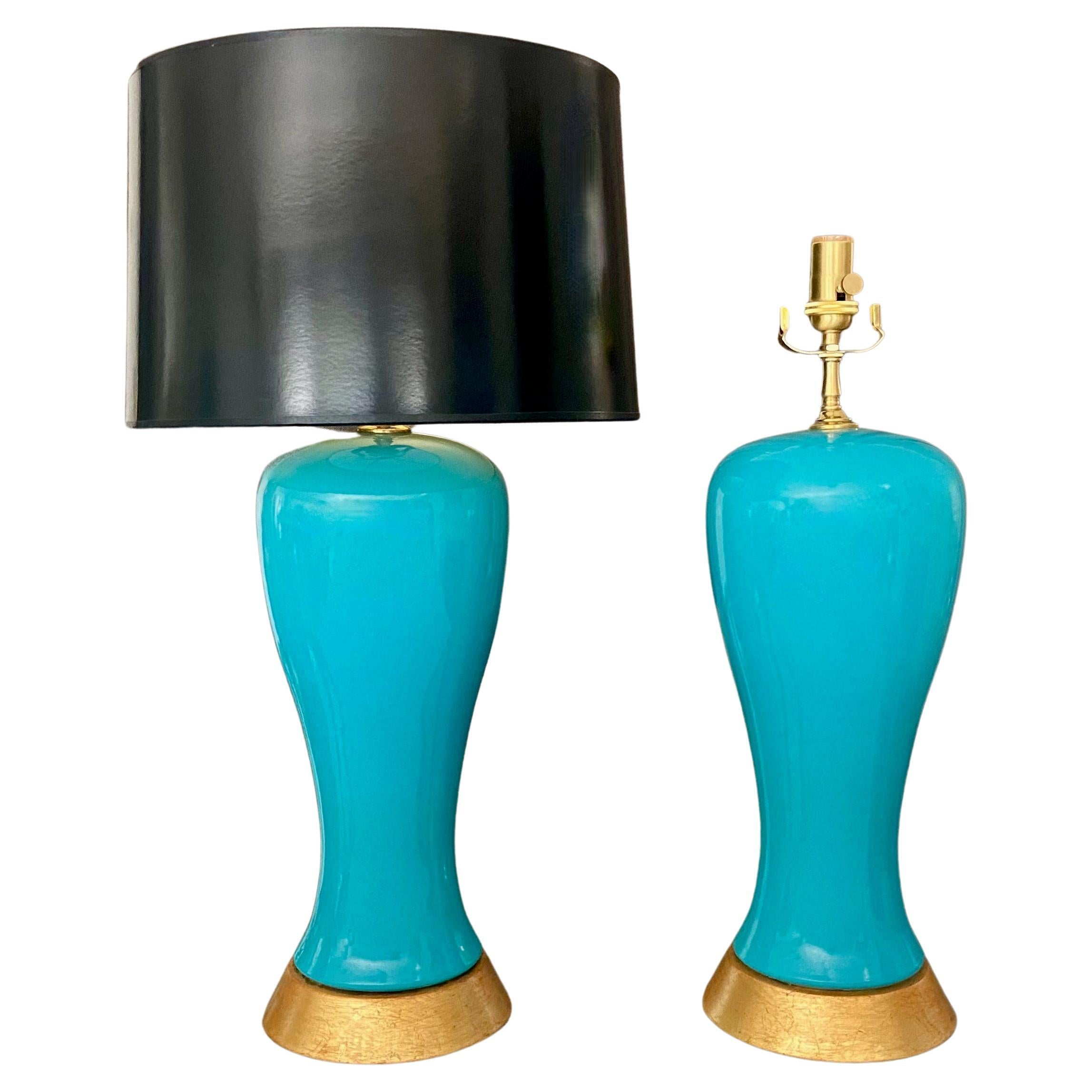 Pair Modern Turquoise Blue Ceramic Table Lamps For Sale