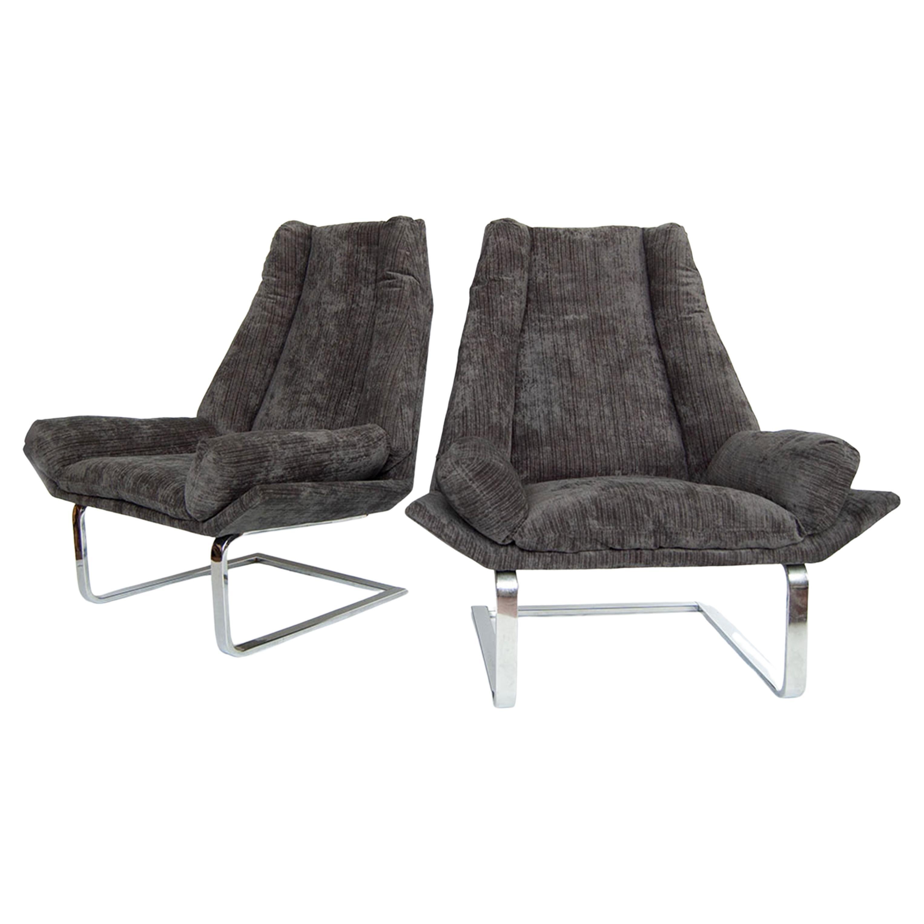 Pair Modern Upholstered Chrome Cantilever Chairs by DIA