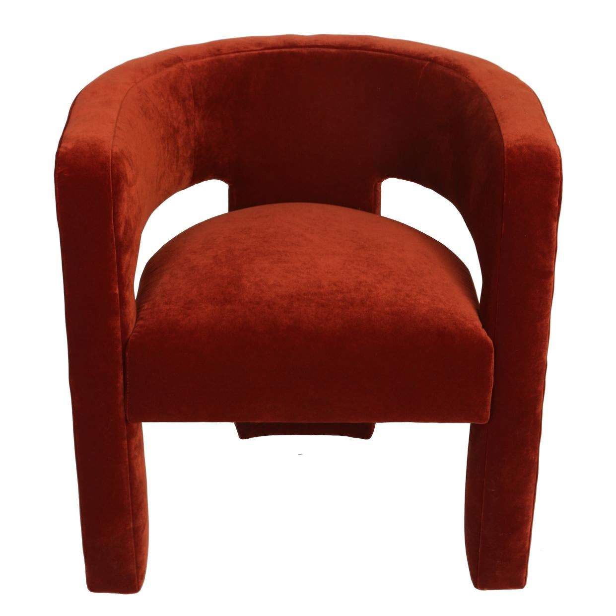 20th Century Pair Modern Velvet Open Barrel Back Chairs For Sale