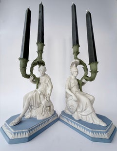 Pair Modern Wedgwood Tricolor Jasper Ware Two Branch Candlesticks