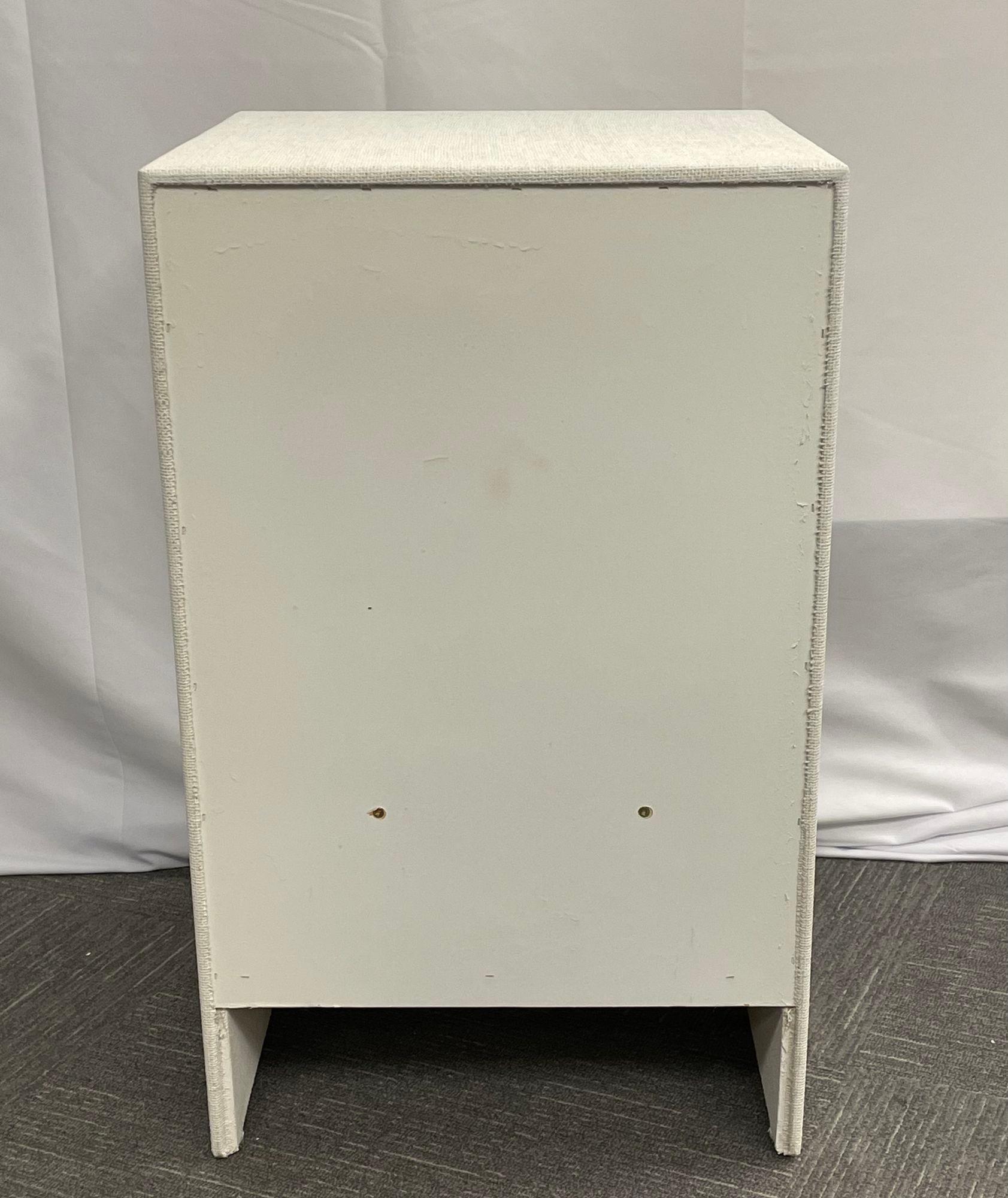 Pair Modern White Linen Wrapped Nightstands, End, Side Tables, Brass, American 5