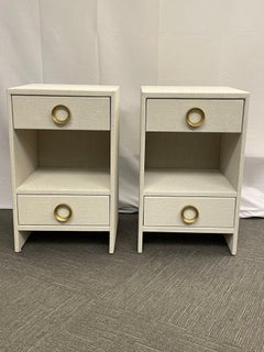 Pair Modern White Linen Wrapped Nightstands, End, Side Tables, Brass, American