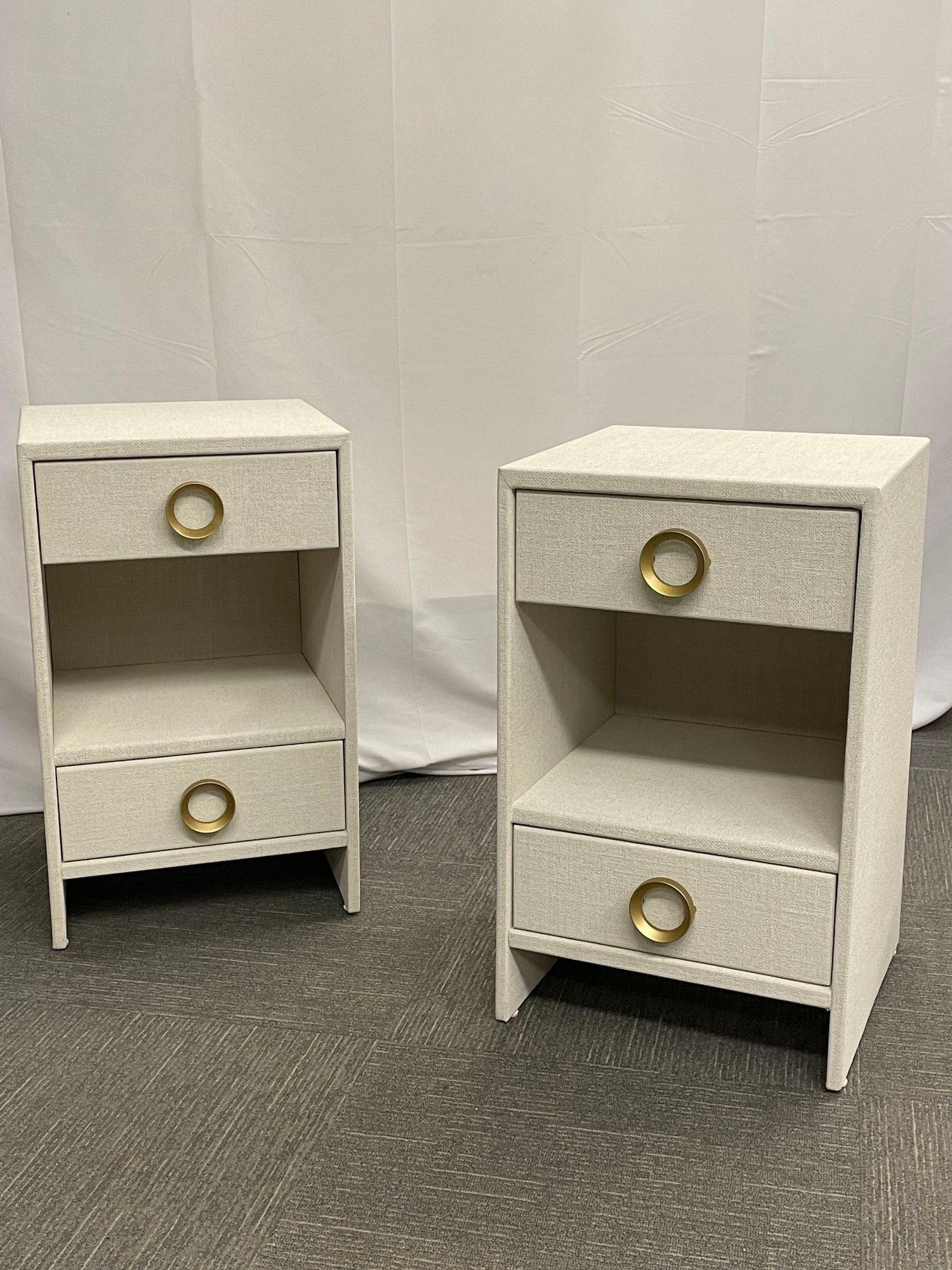 Pair Modern White Linen Wrapped Nightstands, End, Side Tables, Brass, American In Good Condition In Stamford, CT