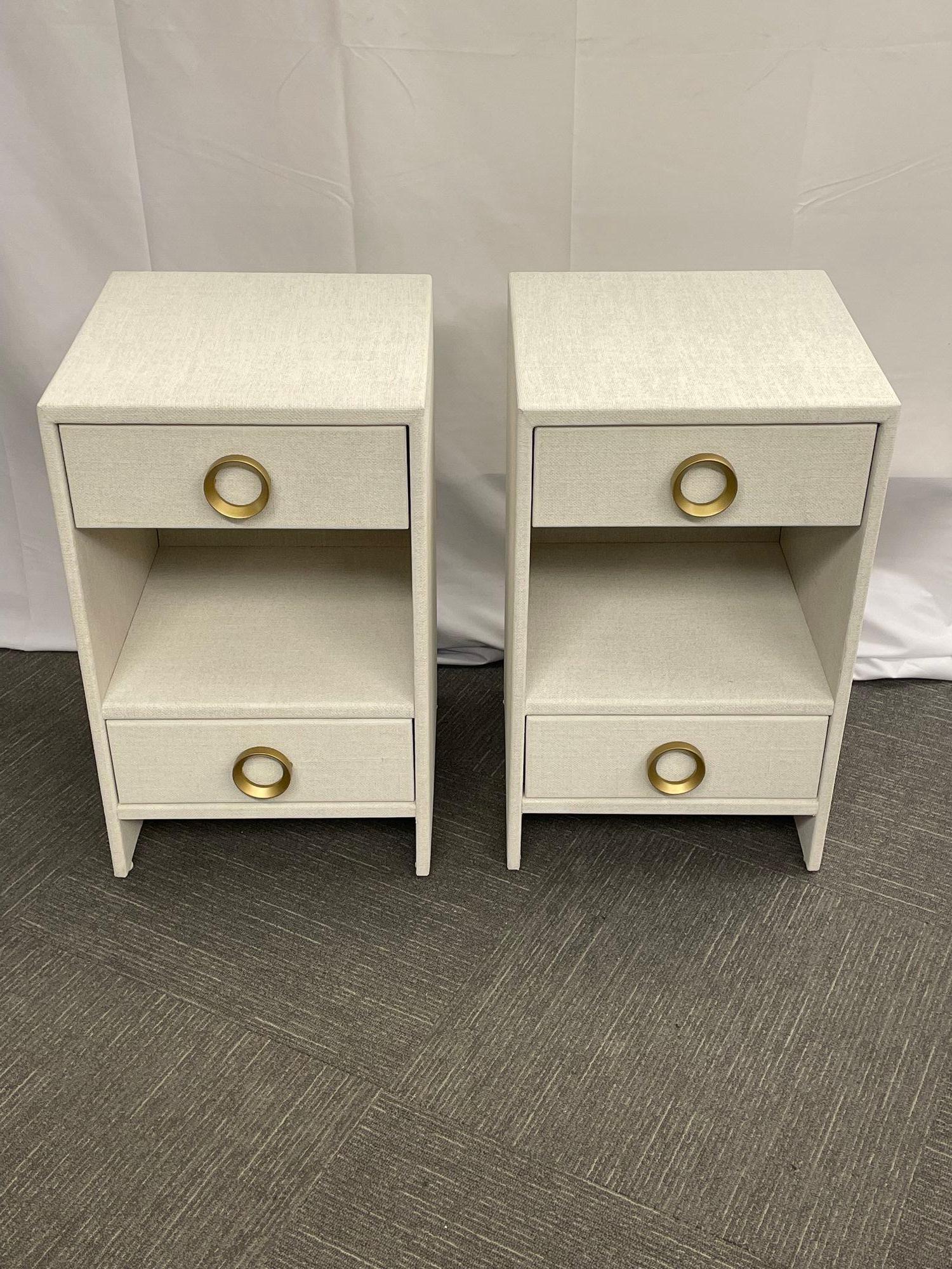 Pair Modern White Linen Wrapped Nightstands, End, Side Tables, Brass, American In Good Condition In Manhasset, NY