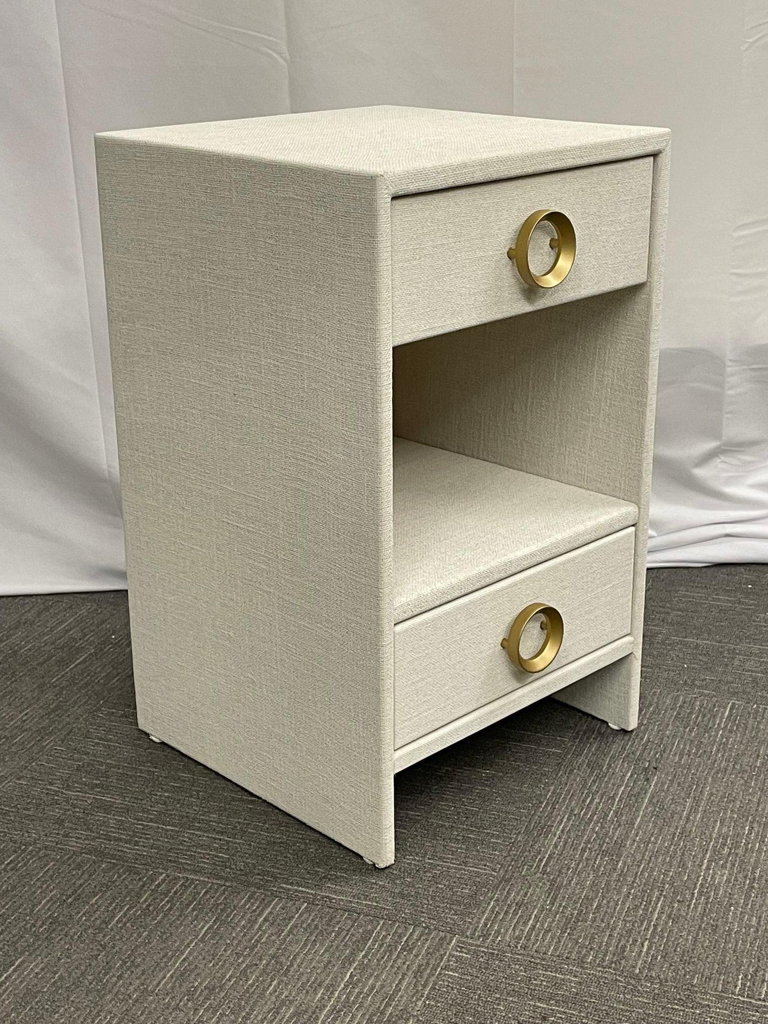 Metal Pair Modern White Linen Wrapped Nightstands, End, Side Tables, Brass, American