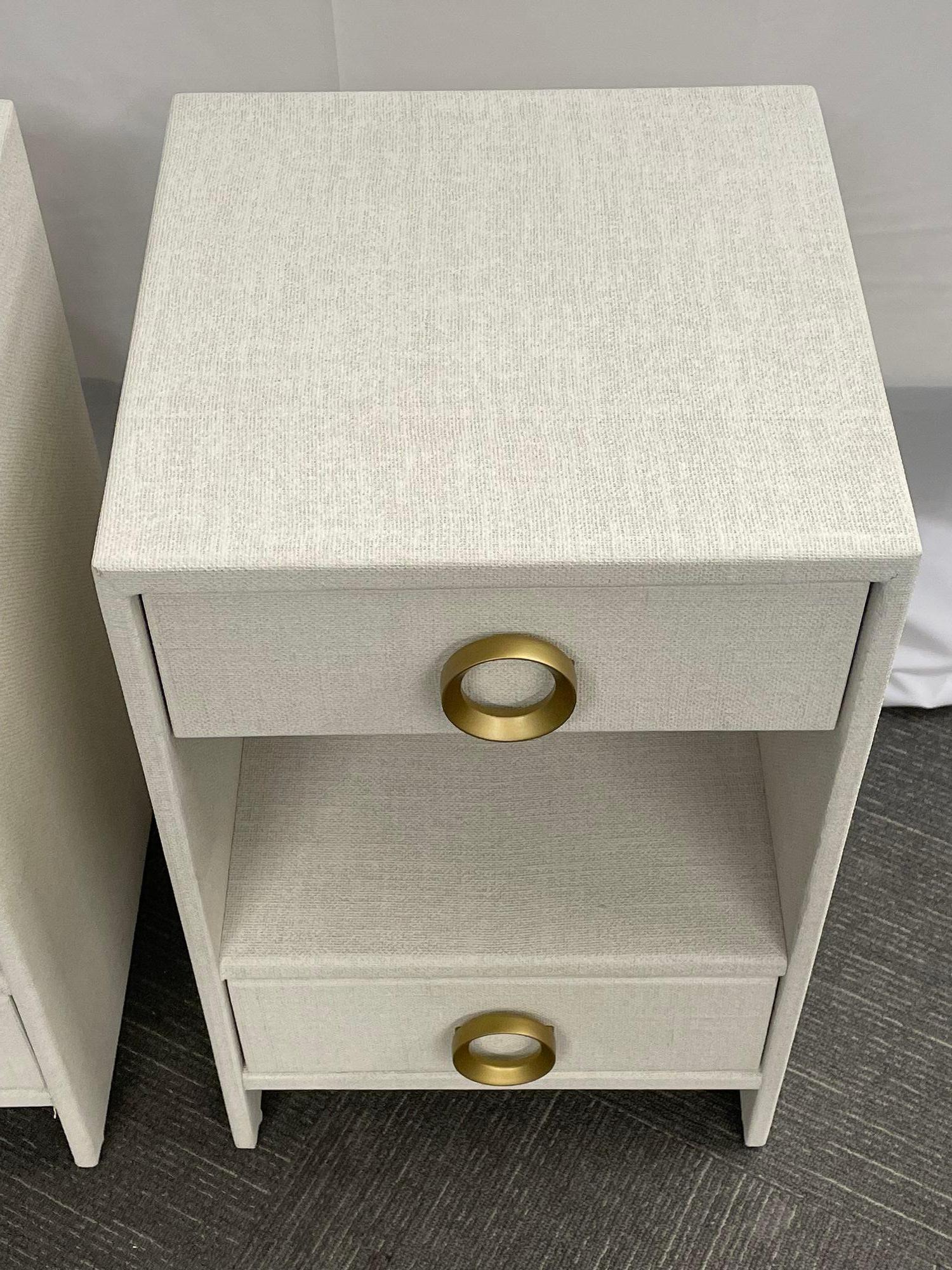 Pair Modern White Linen Wrapped Nightstands, End, Side Tables, Brass, American 1