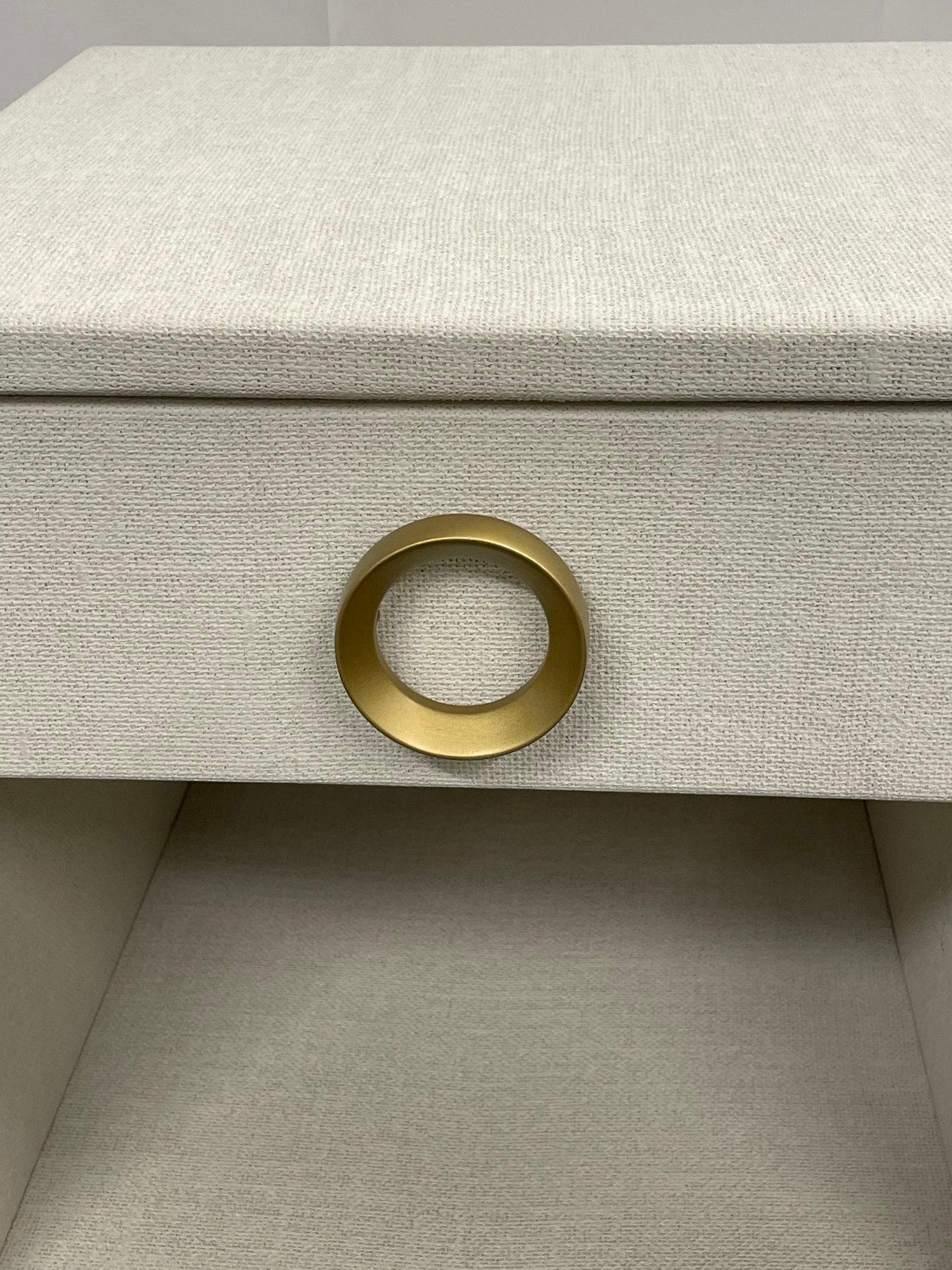 Pair Modern White Linen Wrapped Nightstands, End, Side Tables, Brass, American 1
