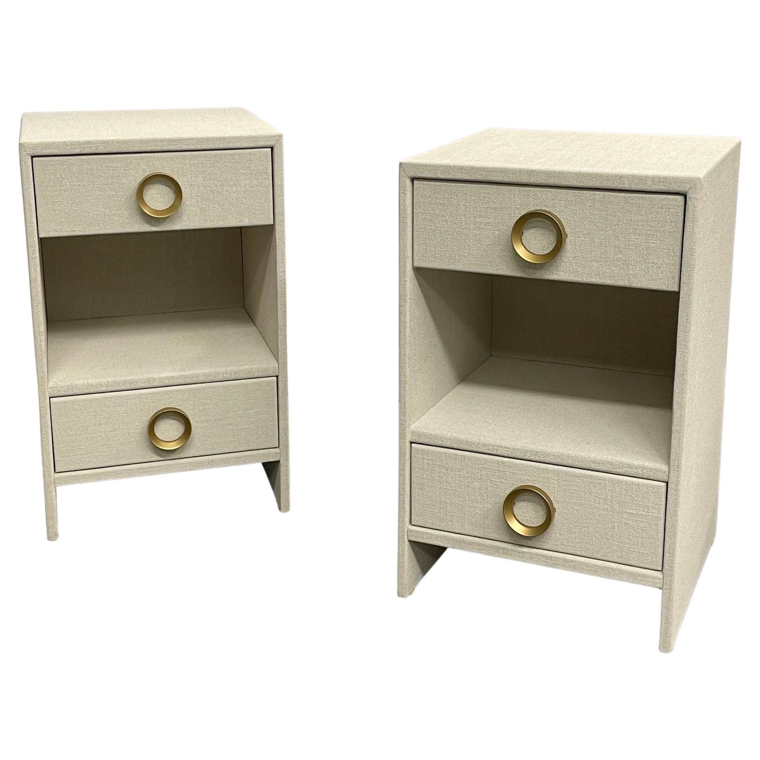 Pair Modern White Linen Wrapped Nightstands, End, Side Tables, Brass, American