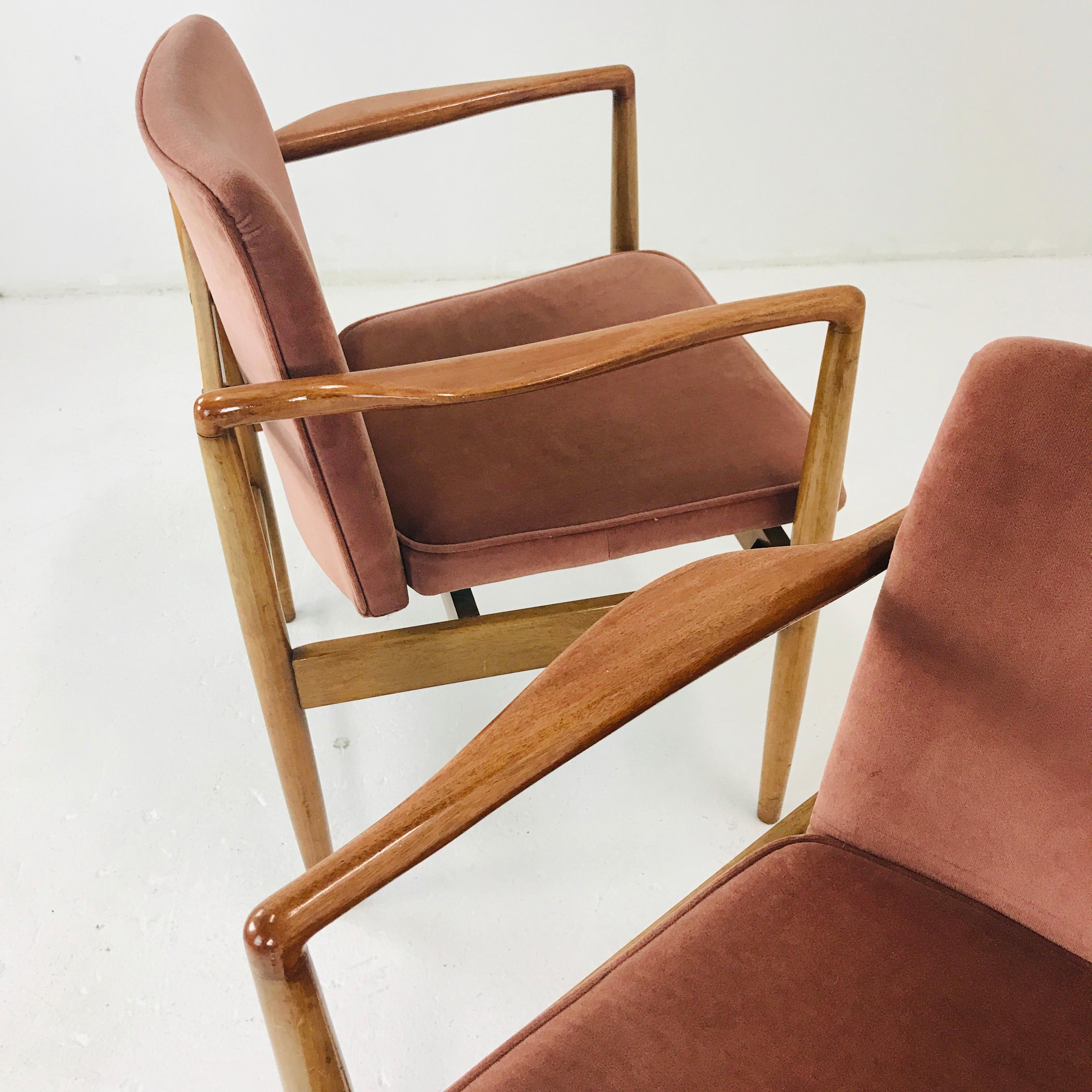 Late 20th Century Pair of Modern Wood Armchairs with Sienna Mohair