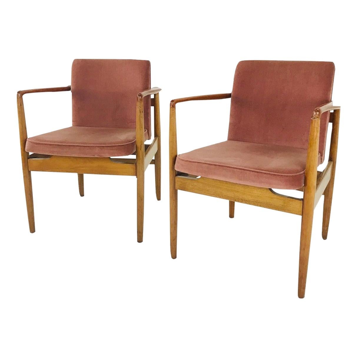 Pair of Modern Wood Armchairs with Sienna Mohair