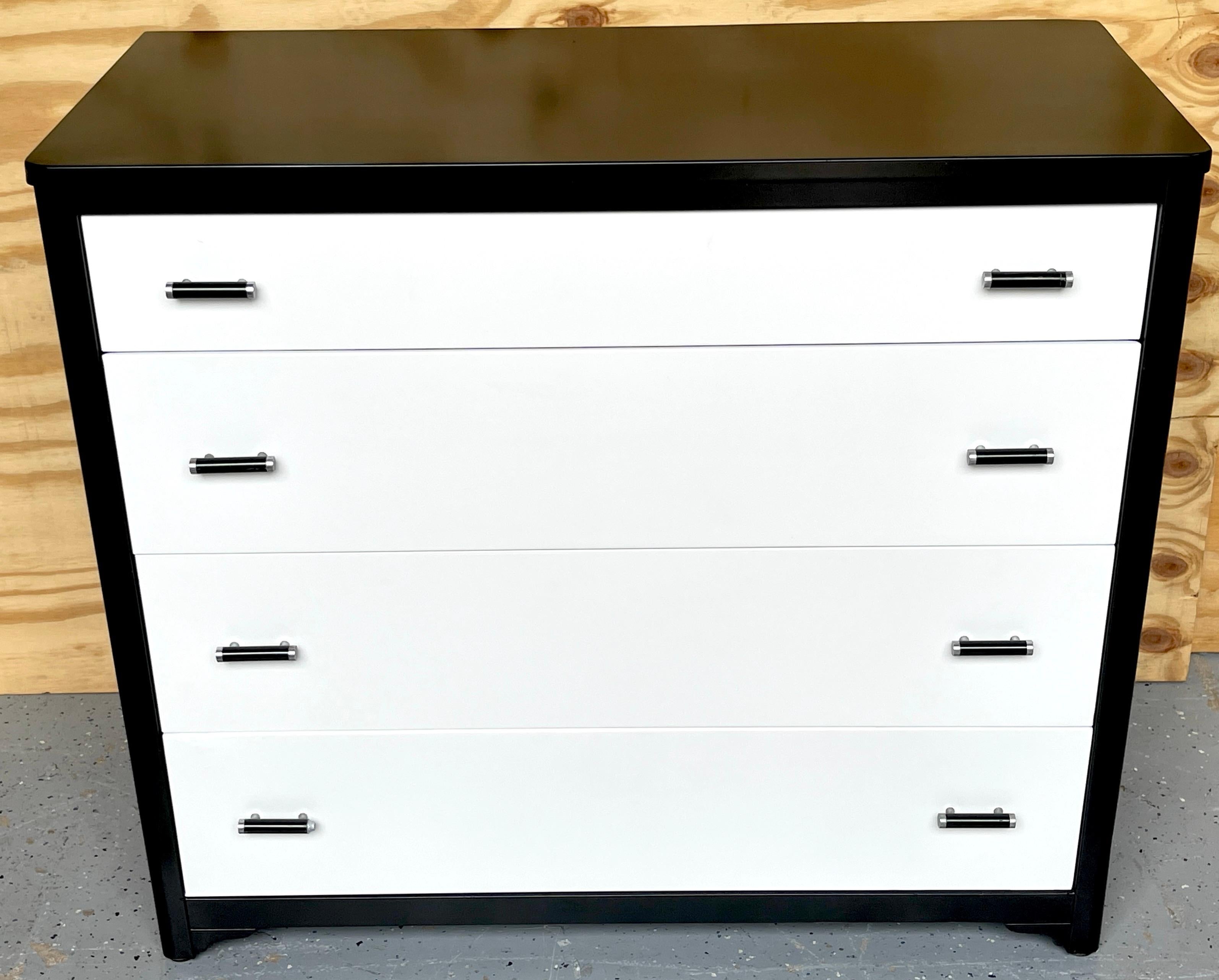Pair Moderne Black & White Lacquered Steel Chests by Norman Bel Geddes, Restored For Sale 1