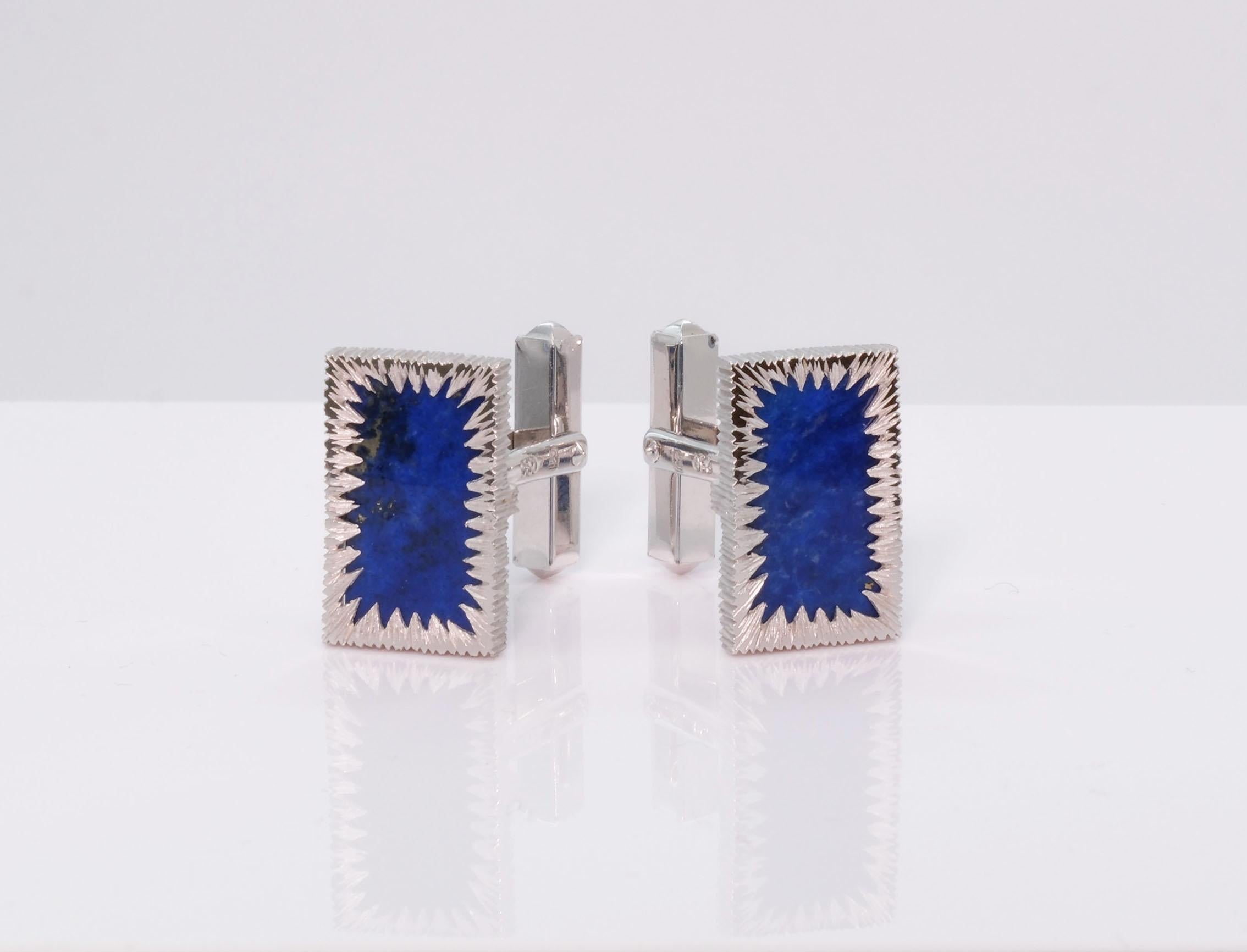 Mid-Century Modern Pair Modernist 18ct White Gold & Lapis Lazuli Cufflinks 1970's For Sale