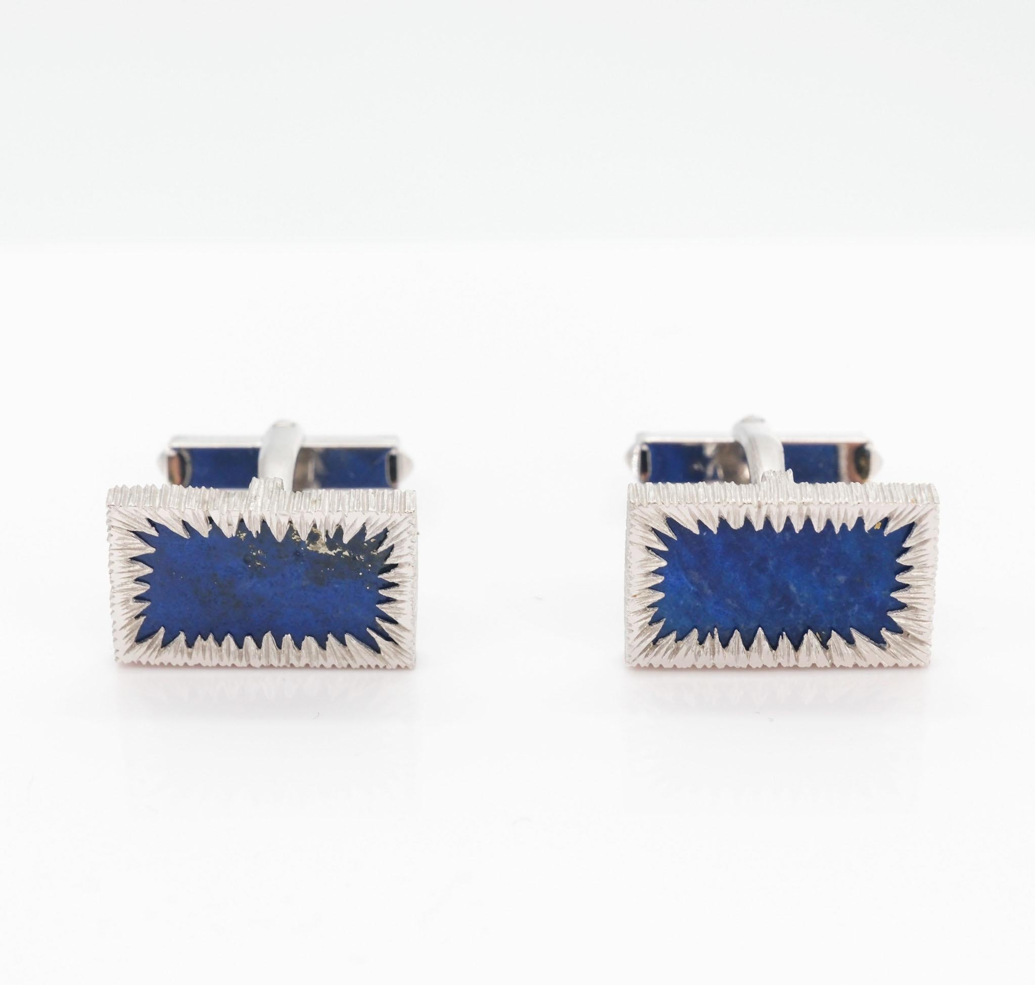 Hand-Crafted Pair Modernist 18ct White Gold & Lapis Lazuli Cufflinks 1970's For Sale