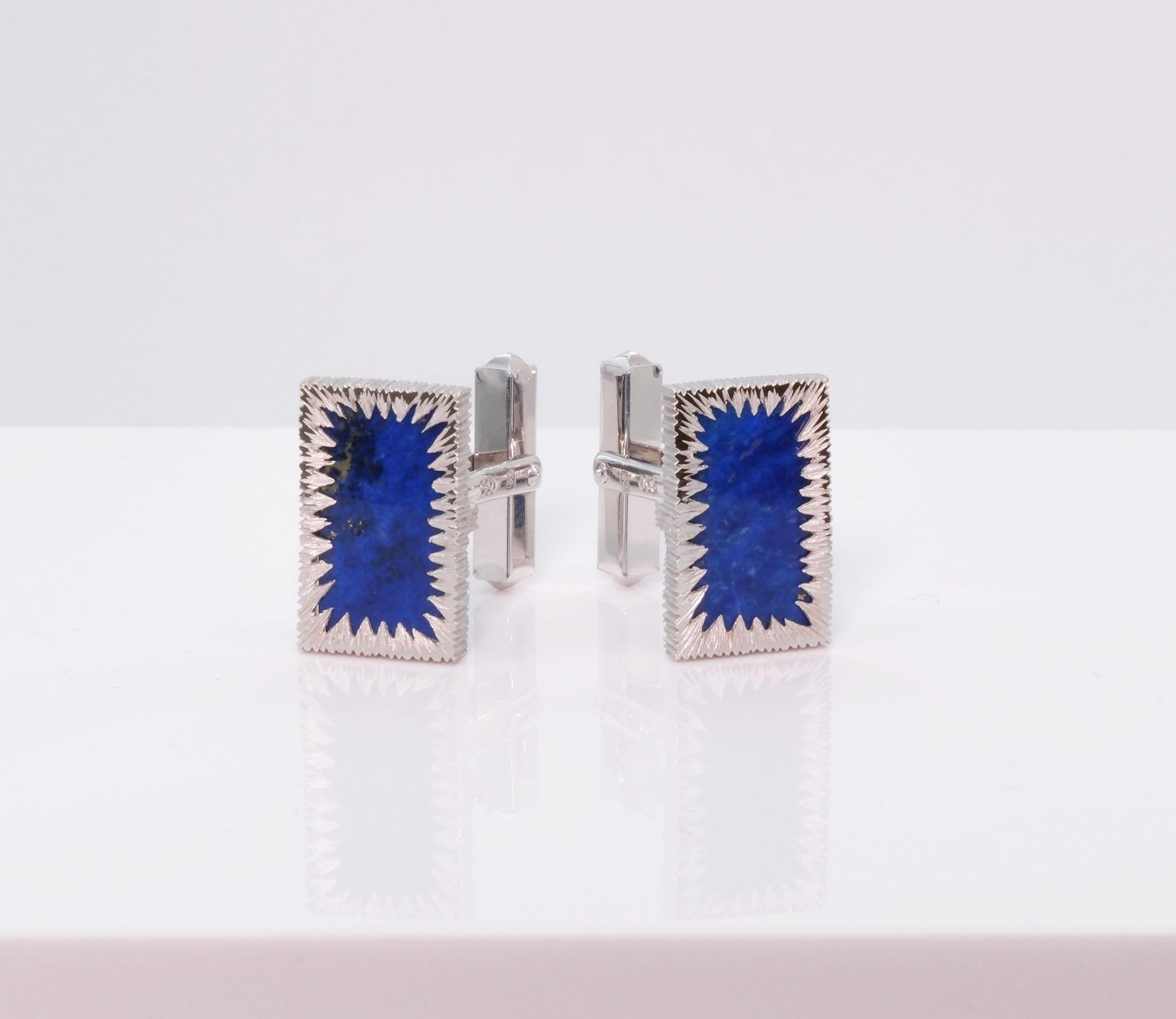 Pair Modernist 18ct White Gold & Lapis Lazuli Cufflinks 1970's For Sale 3