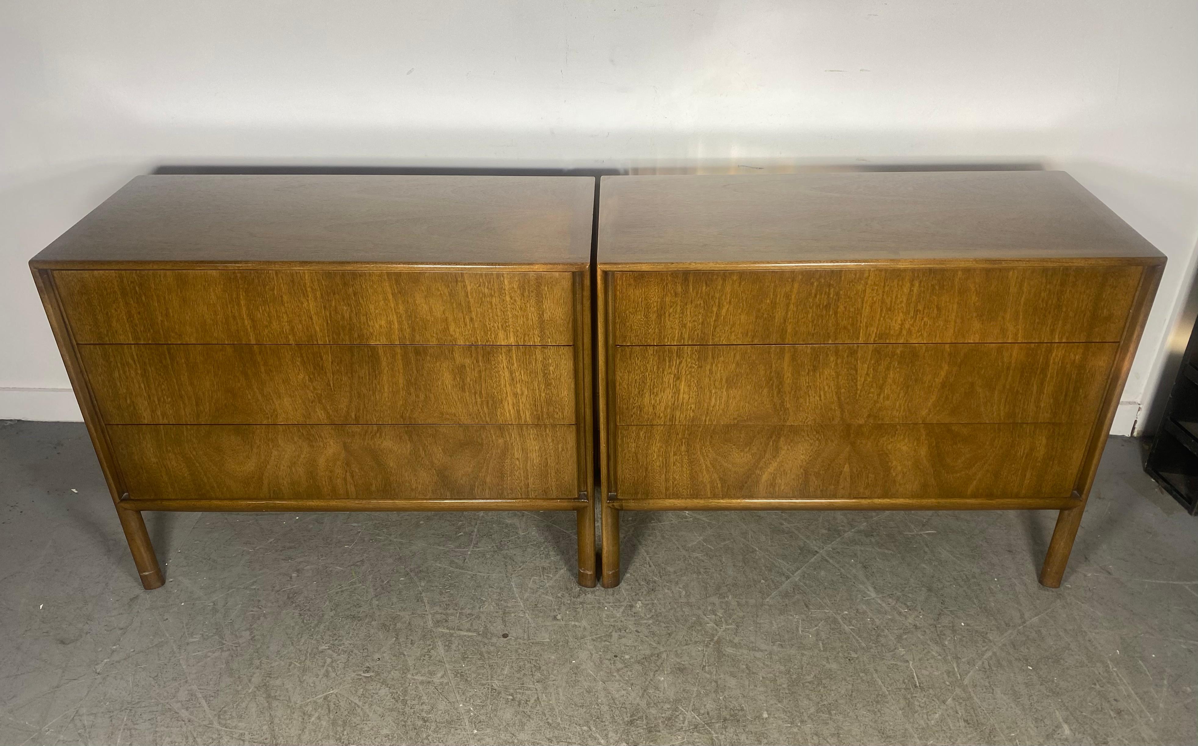 Classic Pair Modernist 3 Drawer Dressers / sTANDS, by mOUNT Airy furniture co. for James Stuart.. Amazing book-matched wood graining..Sleek , simple design.Superior quality and construction, Hand delivery avail to New York City or anywhere en route