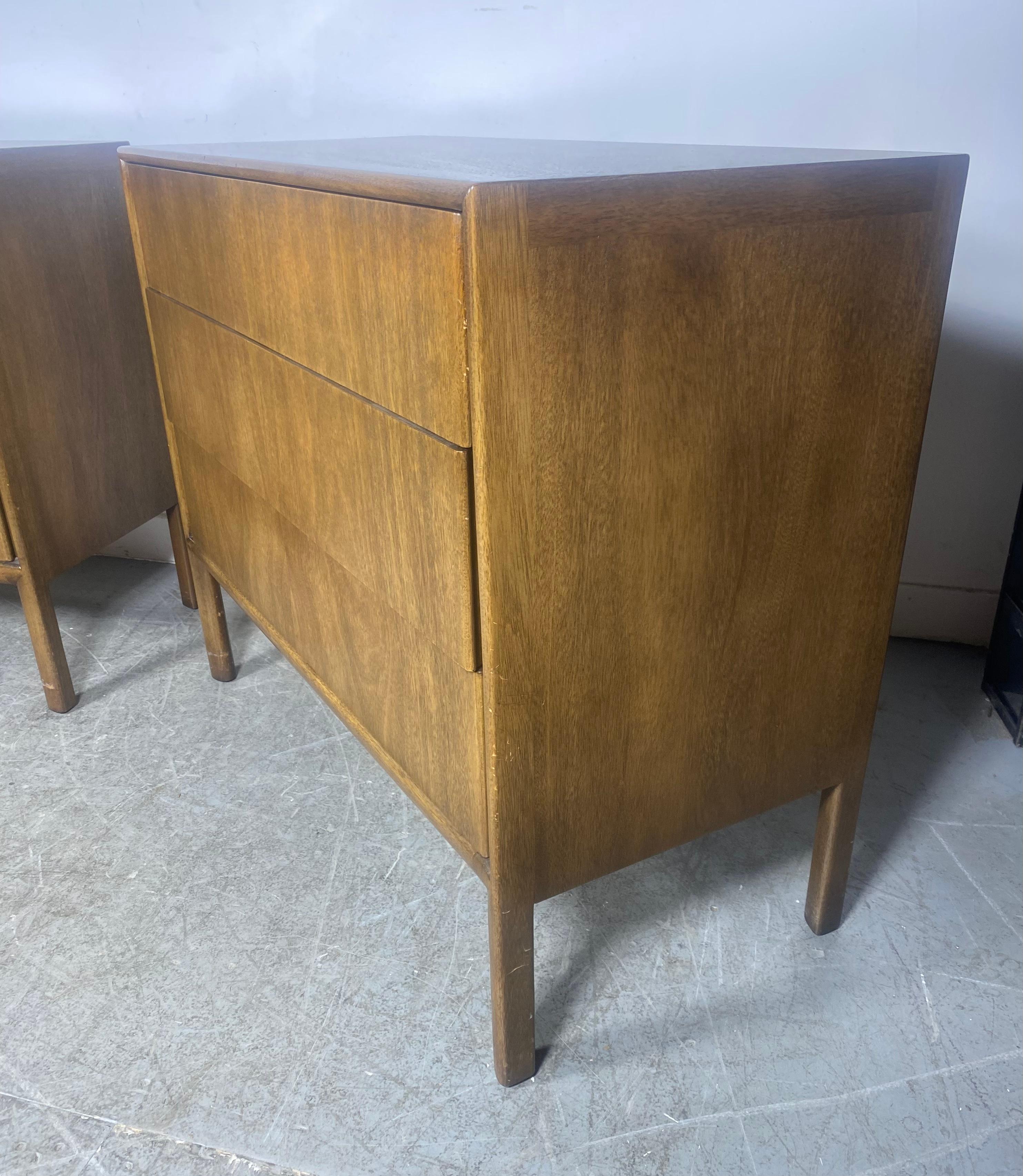 Mid-20th Century Pair Modernist 3 Drawer Dressers / sTANDS, mOUNT Airy for James Stuart