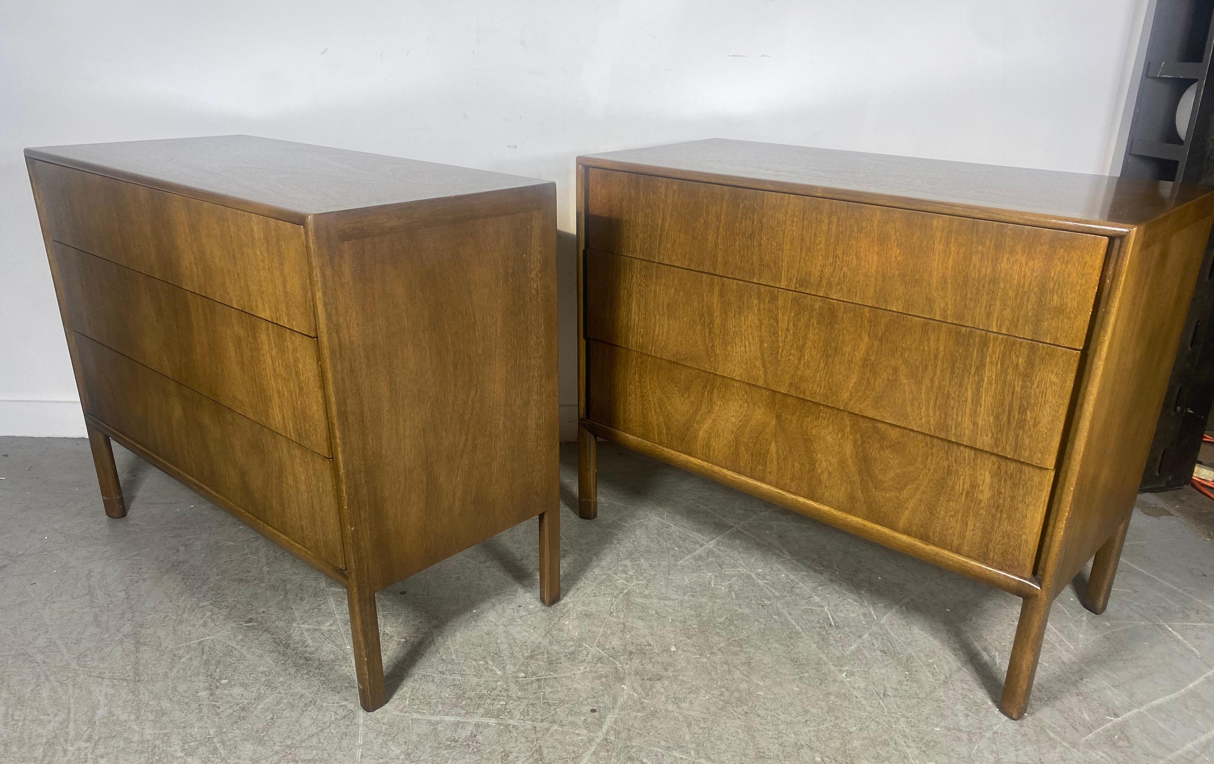 Walnut Pair Modernist 3 Drawer Dressers / sTANDS, mOUNT Airy for James Stuart For Sale