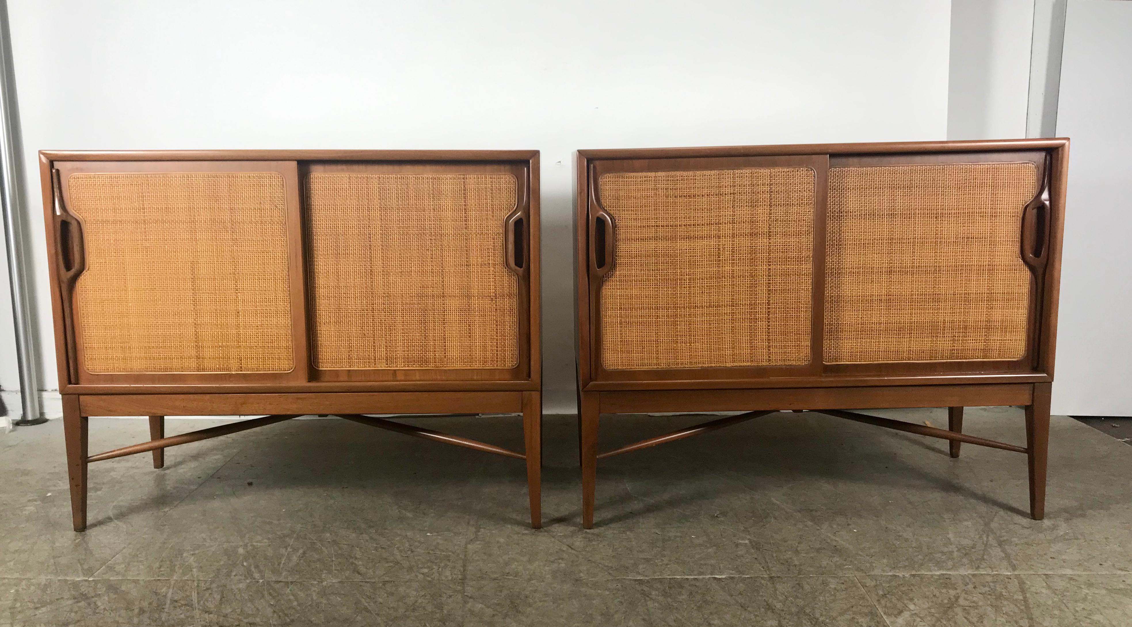 Scandinavian Modern Pair of Modernist American Danish Walnut Sliding Caned Door Cabinets