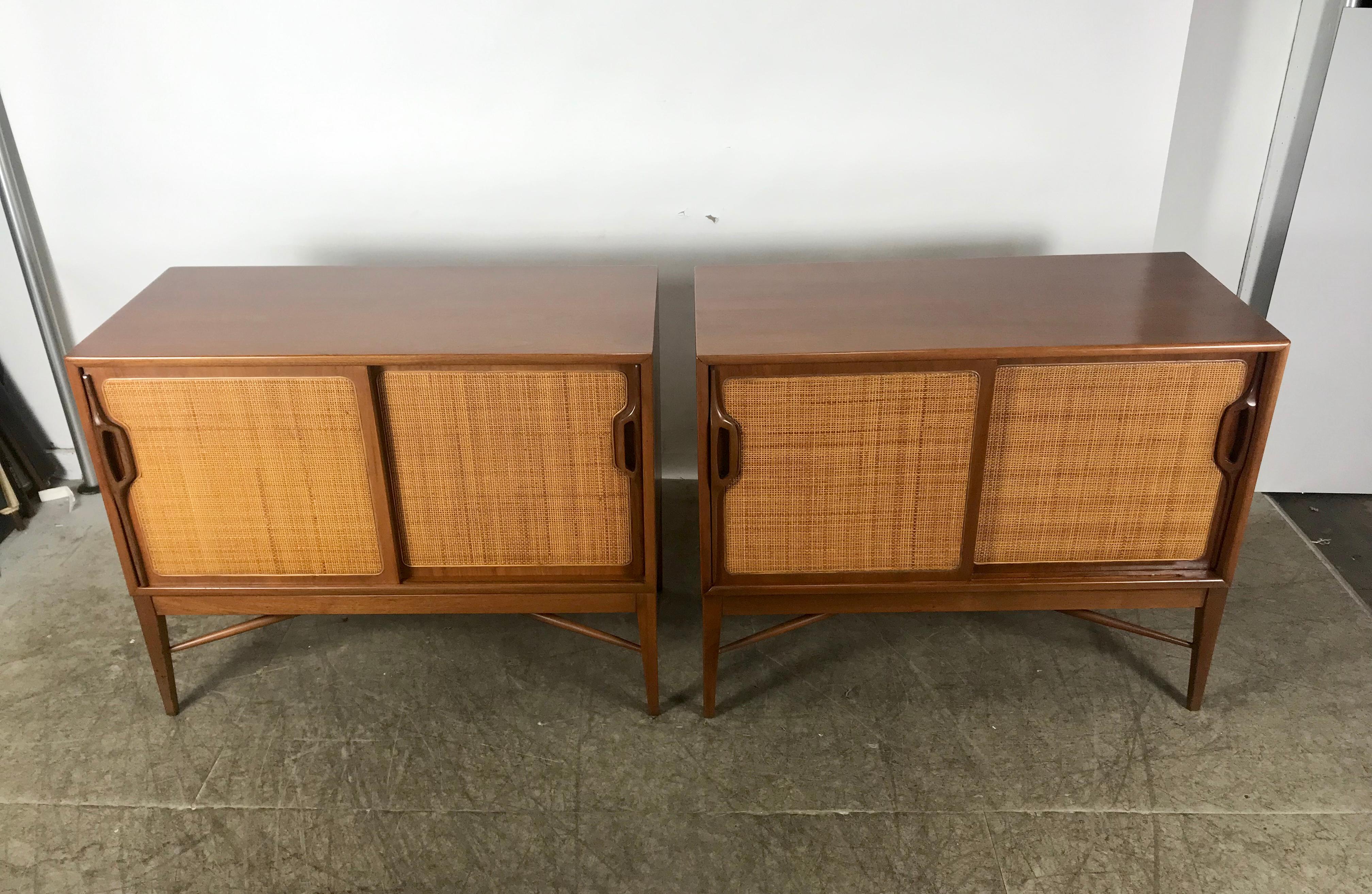 Pair of Modernist American Danish Walnut Sliding Caned Door Cabinets In Good Condition In Buffalo, NY
