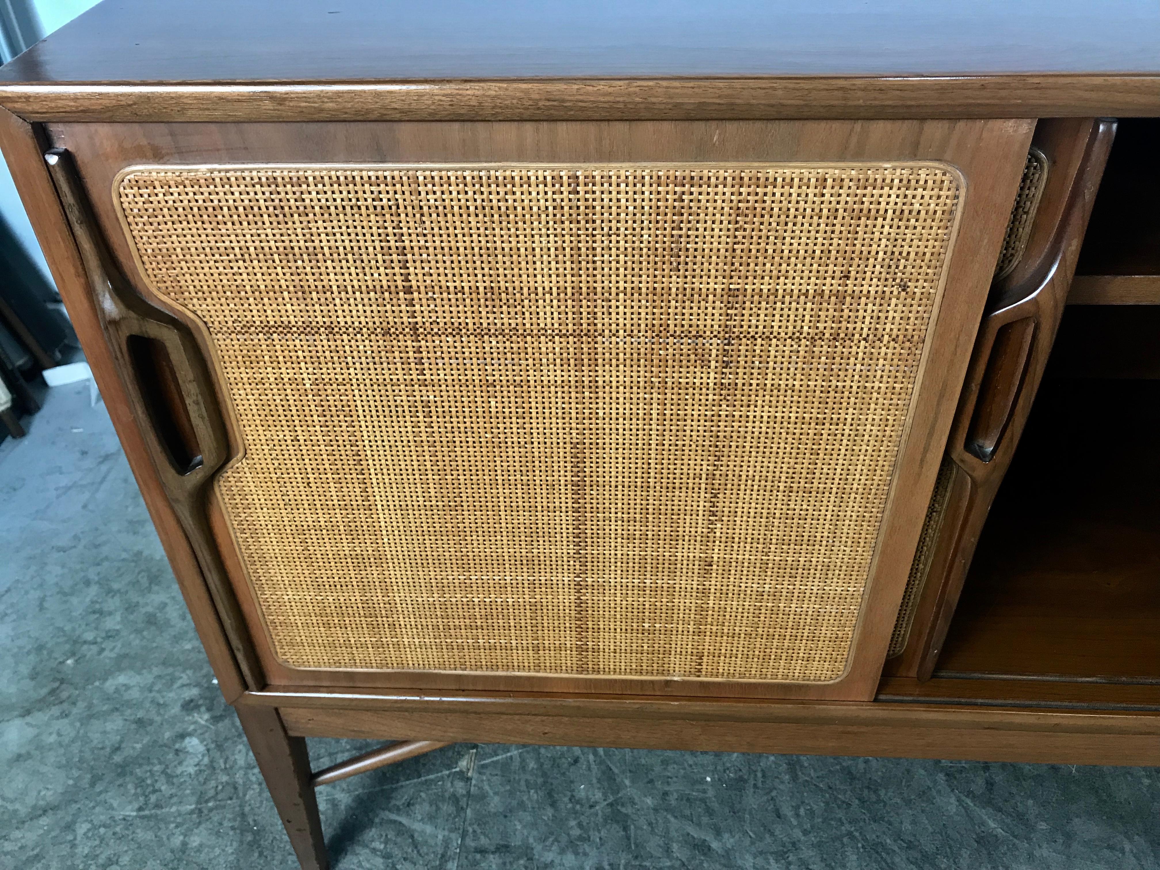 Pair of Modernist American Danish Walnut Sliding Caned Door Cabinets 1