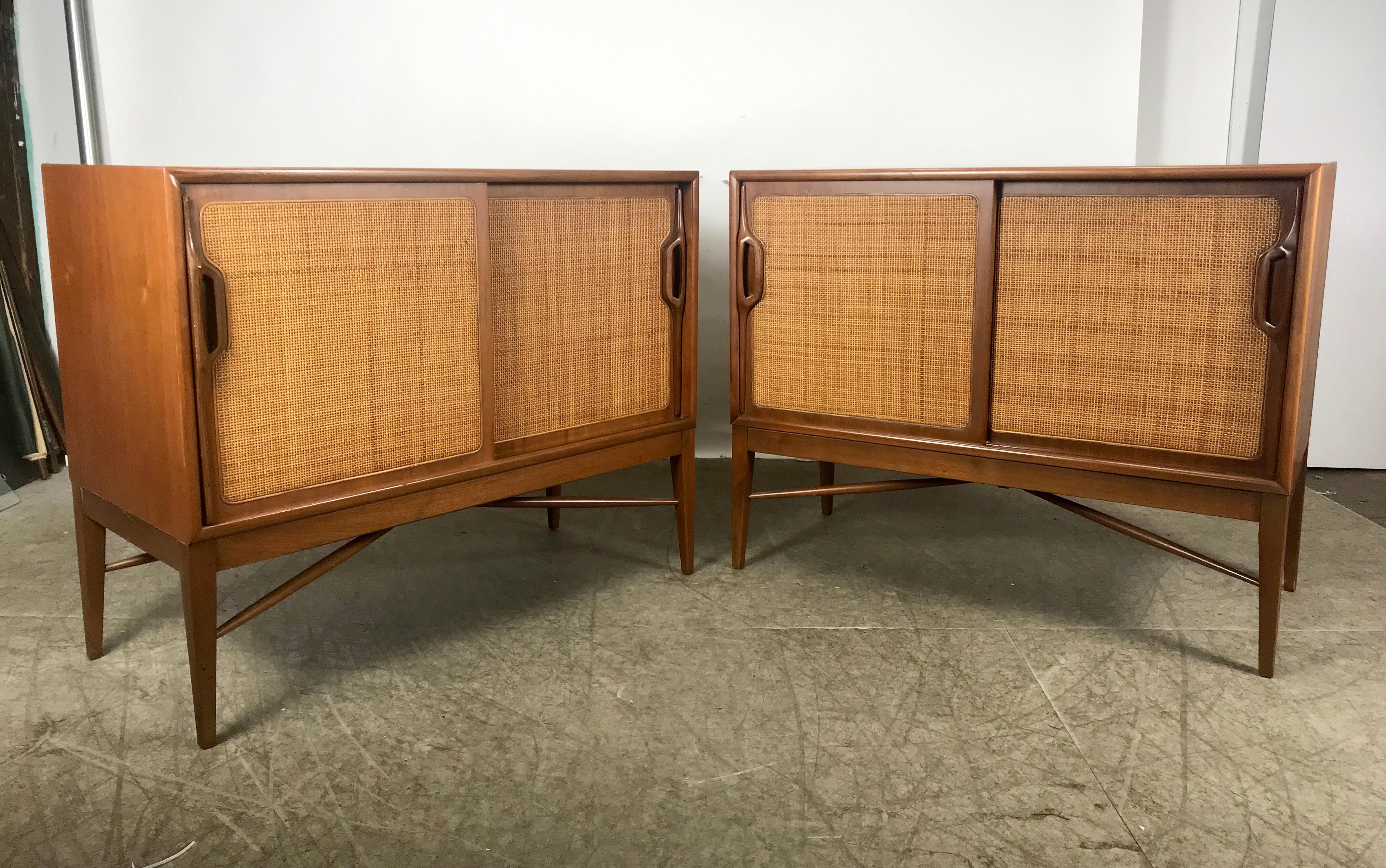 Pair of Modernist American Danish Walnut Sliding Caned Door Cabinets 3