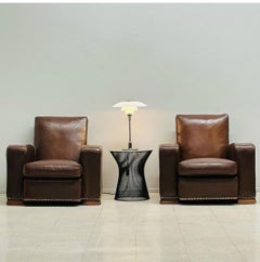 Pair Modernist , Art Deco Leather Club Chairs by Jacques Adnet 1940s