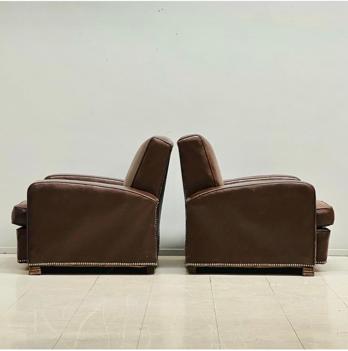 French Pair Modernist , Art Deco Leather Club Chairs by Jacques Adnet 1940s For Sale