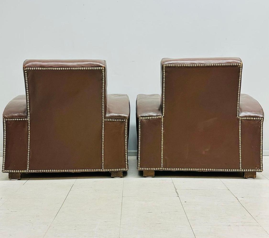 Mid-20th Century Pair Modernist , Art Deco Leather Club Chairs by Jacques Adnet 1940s For Sale