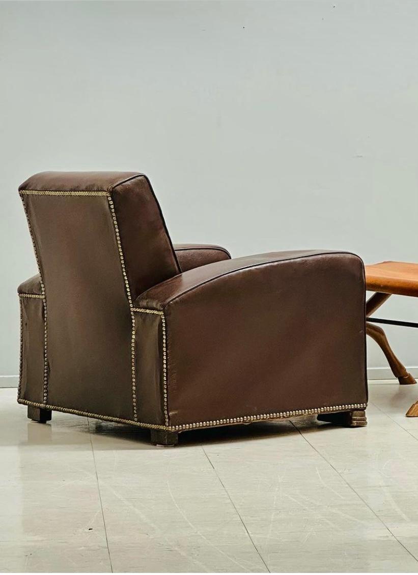 Brass Pair Modernist , Art Deco Leather Club Chairs by Jacques Adnet 1940s For Sale