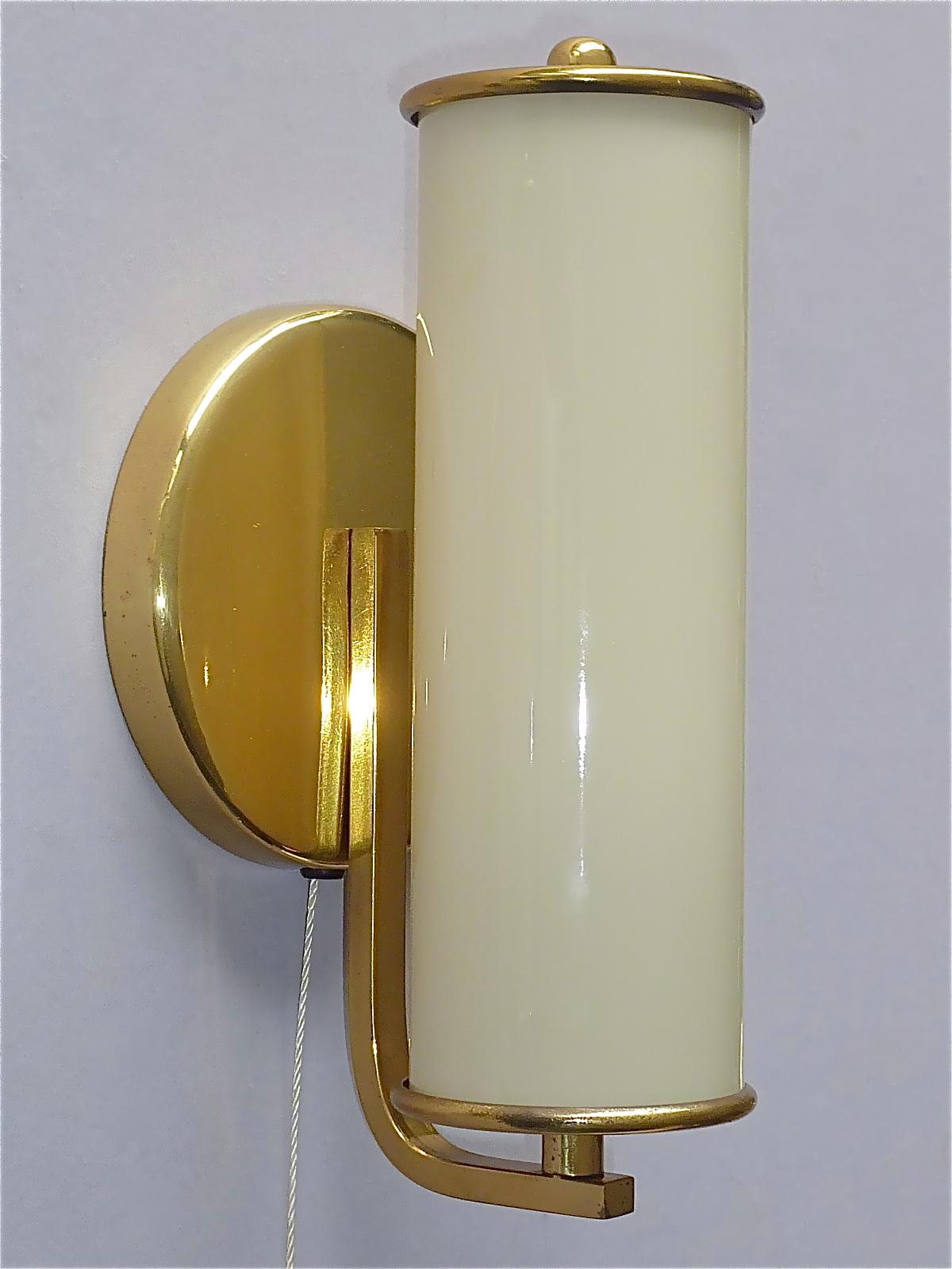 Pair Modernist Bauhaus Sconces Tynell Style Brass Yellow Tube Glass Shades 1930s 3