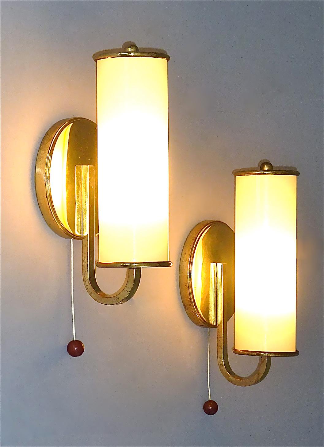 Pair Modernist Bauhaus Sconces Tynell Style Brass Yellow Tube Glass Shades 1930s 4