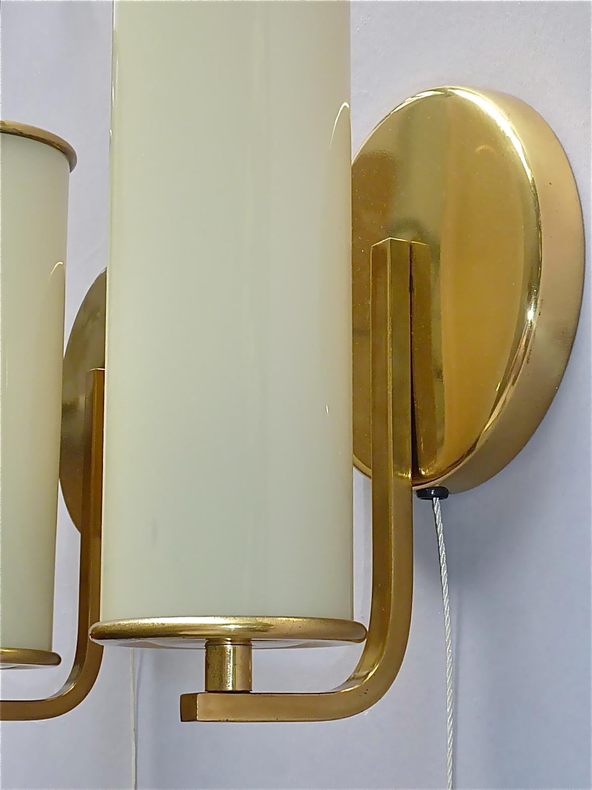 Pair Modernist Bauhaus Sconces Tynell Style Brass Yellow Tube Glass Shades 1930s 5